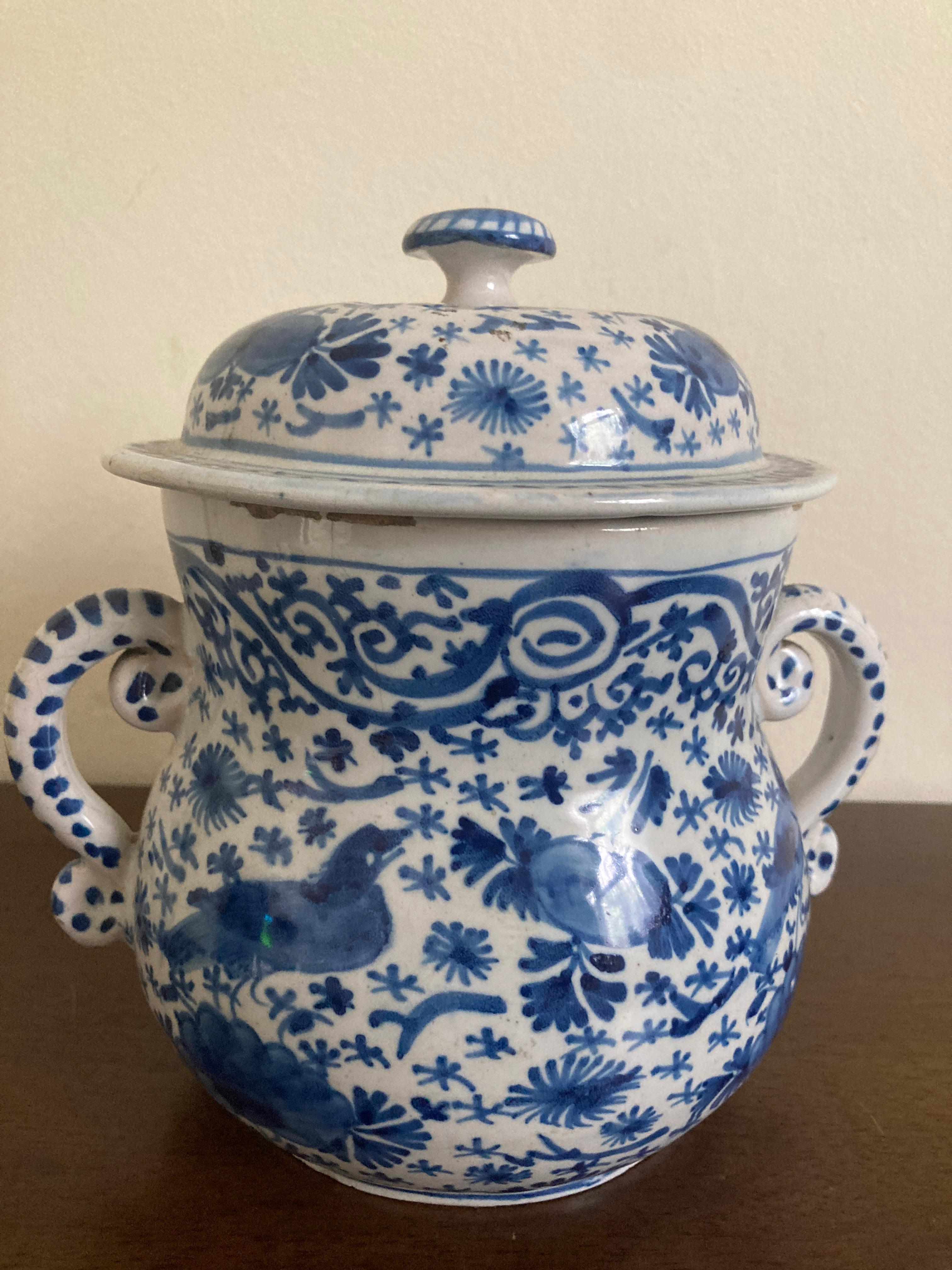 Hand-Crafted 18th Century Delft Posset Pot with cover For Sale