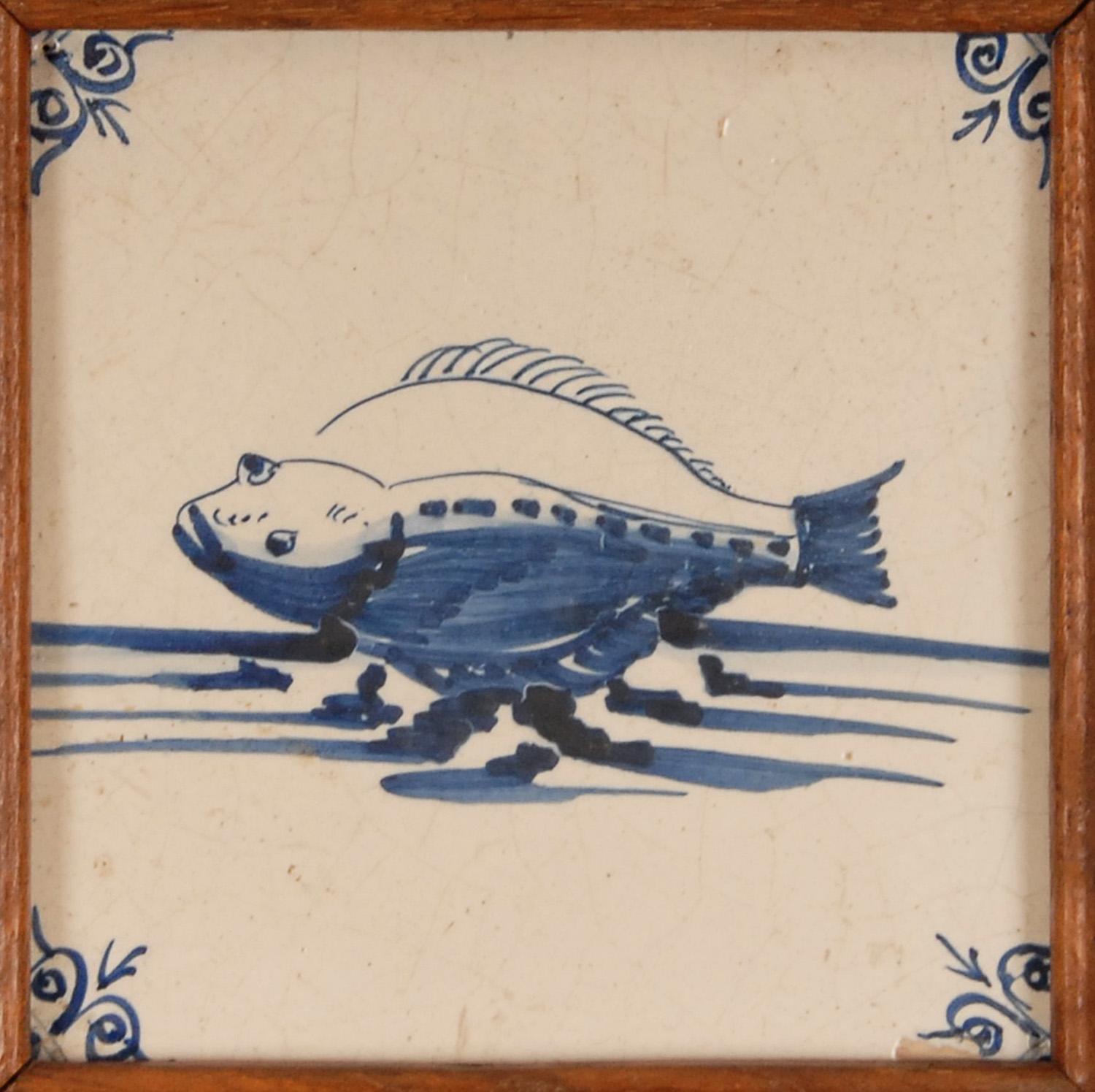 18th Century Delft Tiles Blue White Sea Creatures Monsters Delft Tiles set of 4 For Sale 1