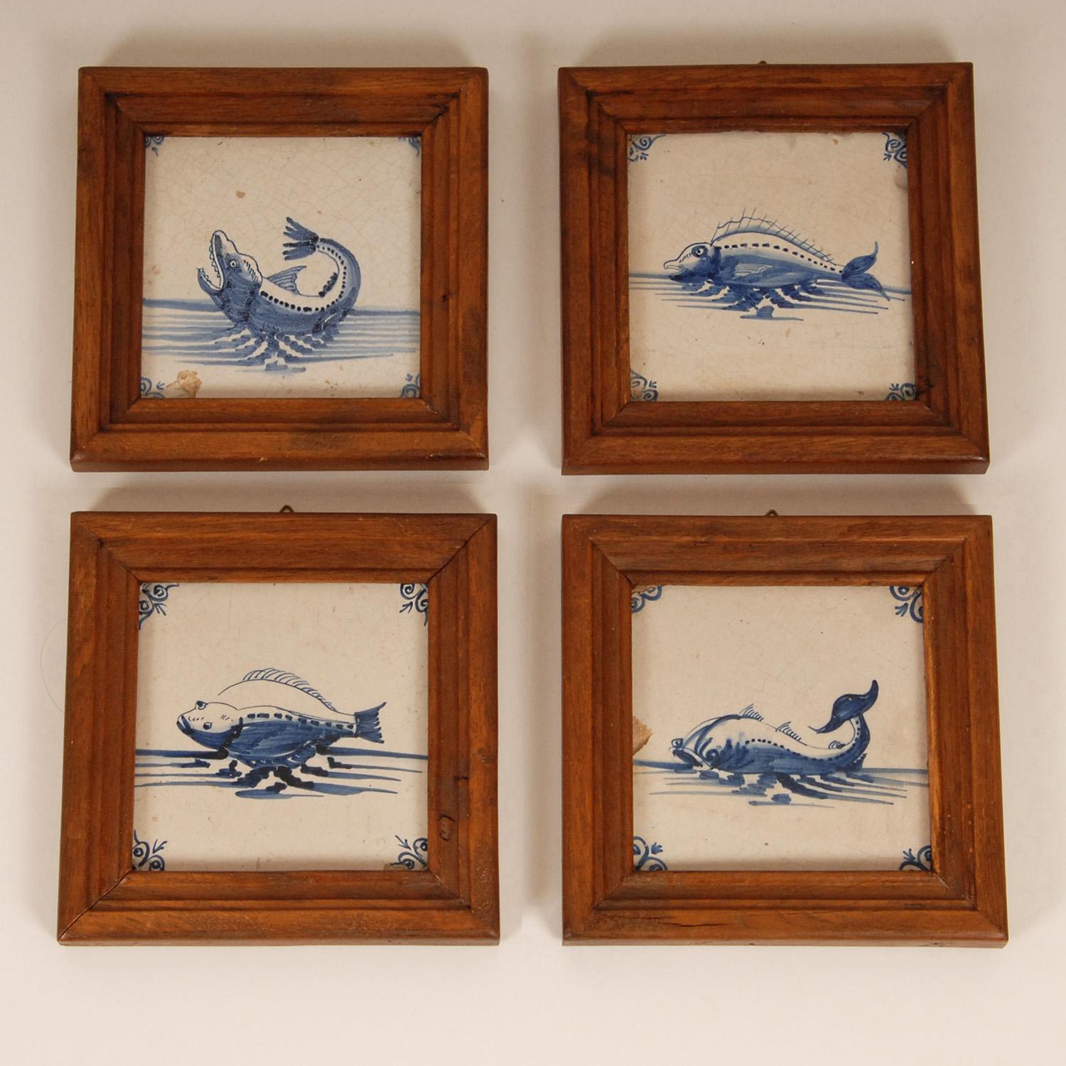 17th - 18th century Dutch Delft Tiles - set of 4
Oak framed blue and white tiles.
Depicting seacreatures, sea monster, fish
Design: In the manner of Royal Delft, AK Dutch Delftware
Style, Antique, Baroque, Louis XIV, 17th century / 18th