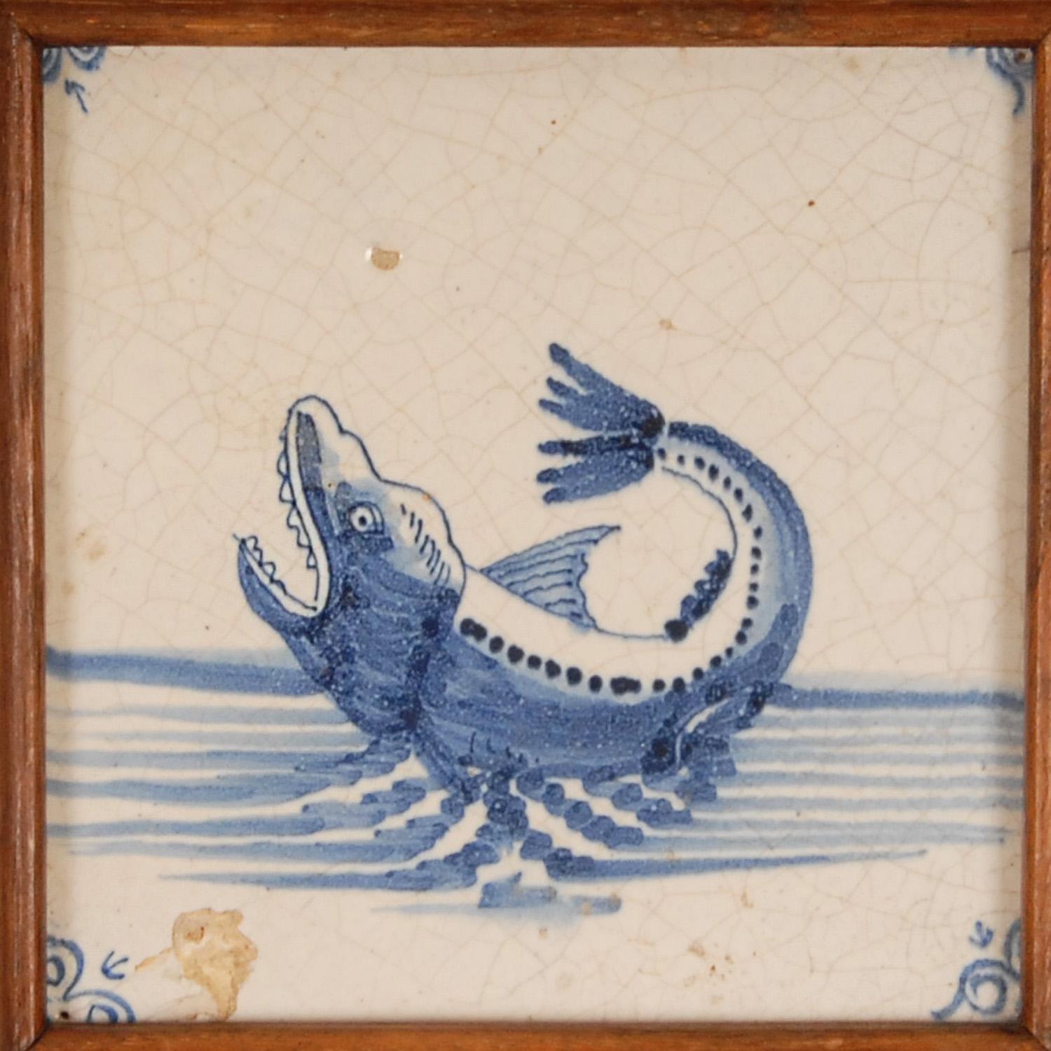 Baroque 18th Century Delft Tiles Blue White Sea Creatures Monsters Delft Tiles set of 4 For Sale