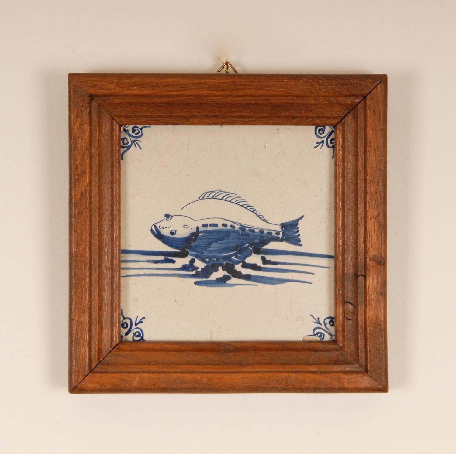 18th Century and Earlier 18th Century Delft Tiles Blue White Sea Creatures Monsters Delft Tiles set of 4 For Sale
