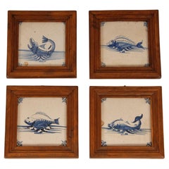 Used 18th Century Delft Tiles Blue White Sea Creatures Monsters Delft Tiles set of 4