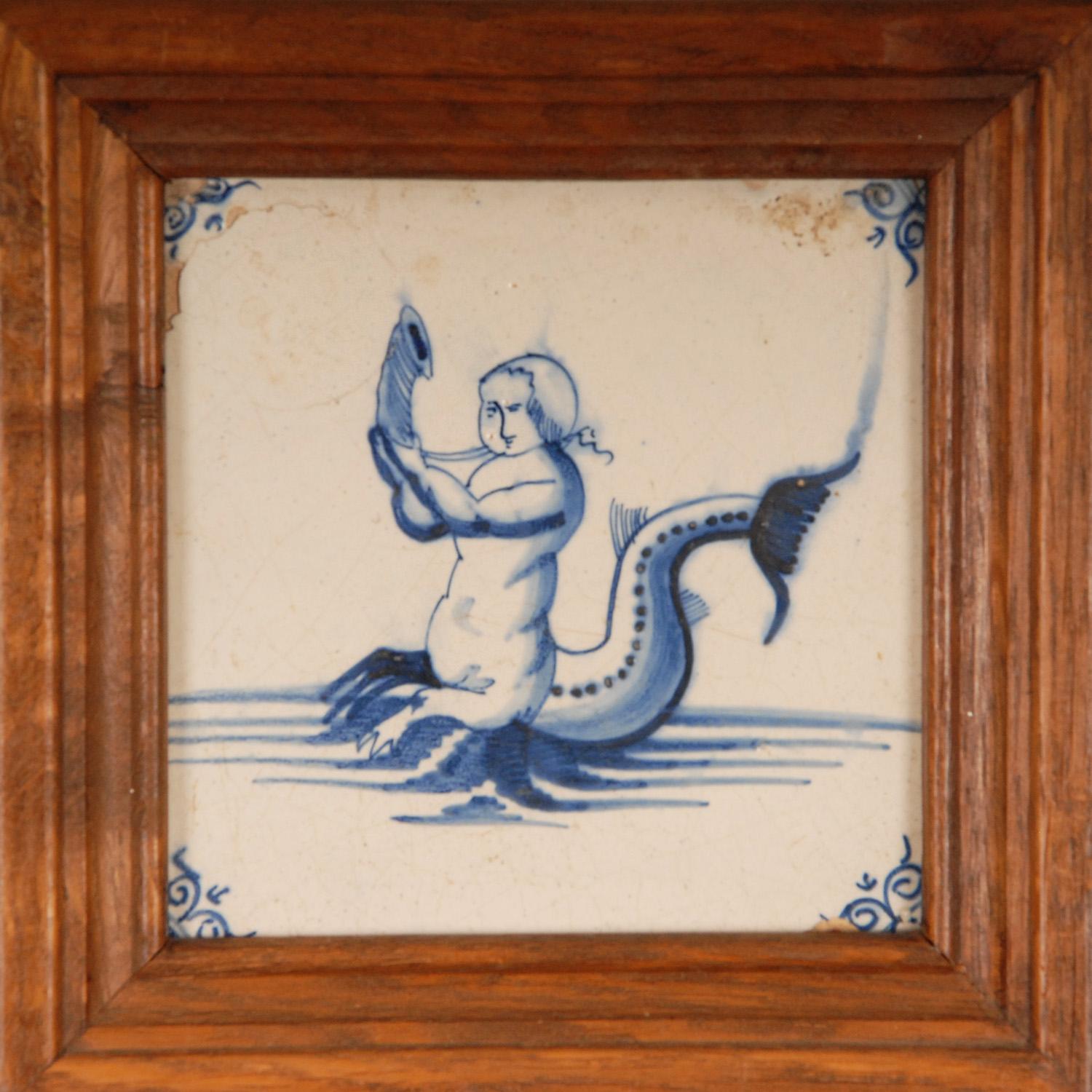 18th Century Delft Tiles Oak Framed Blue and White Mermaid Dutch Delftware Tiles For Sale 4