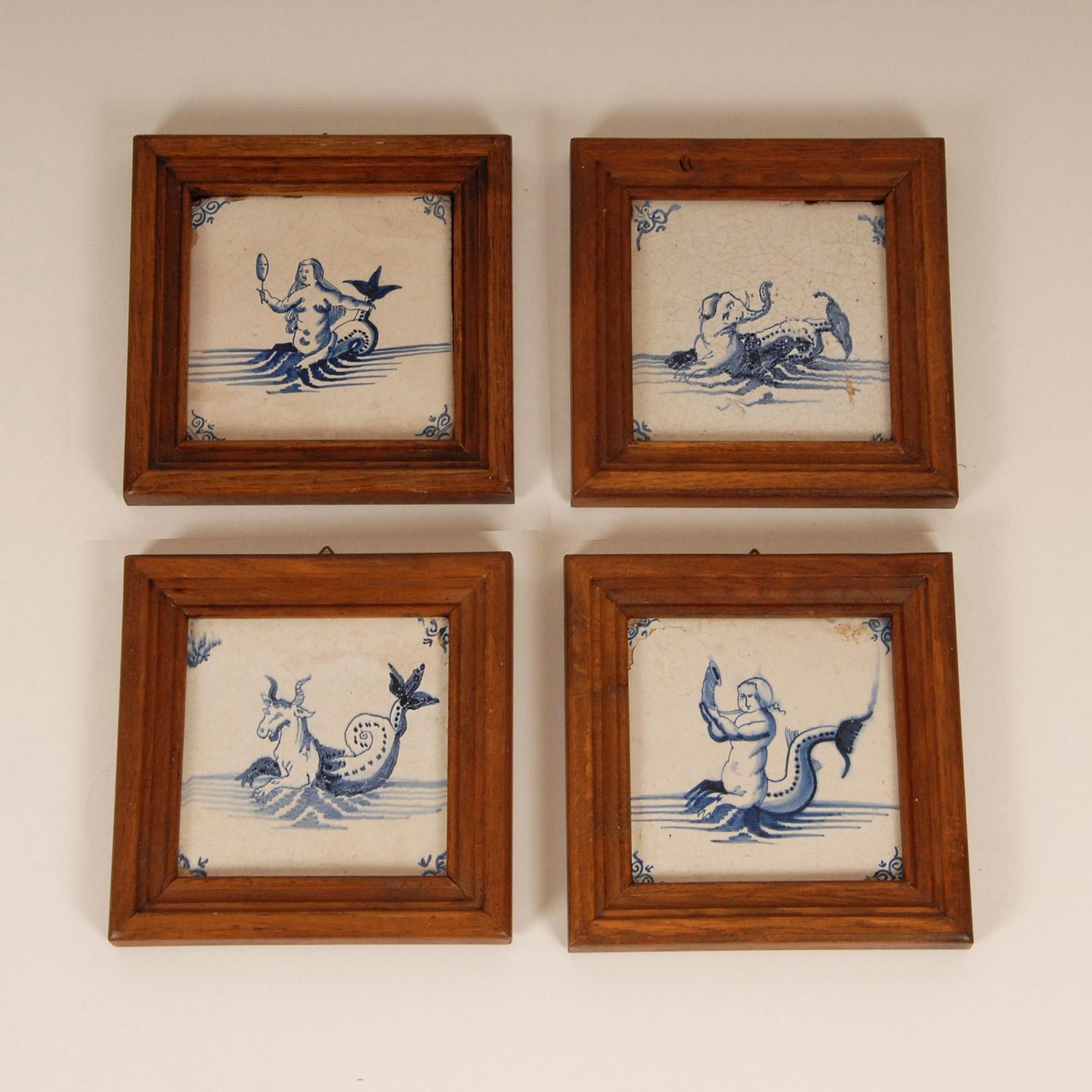 18th Century Delft Tiles Oak Framed Blue and White Mermaid Dutch Delftware Tiles For Sale 5