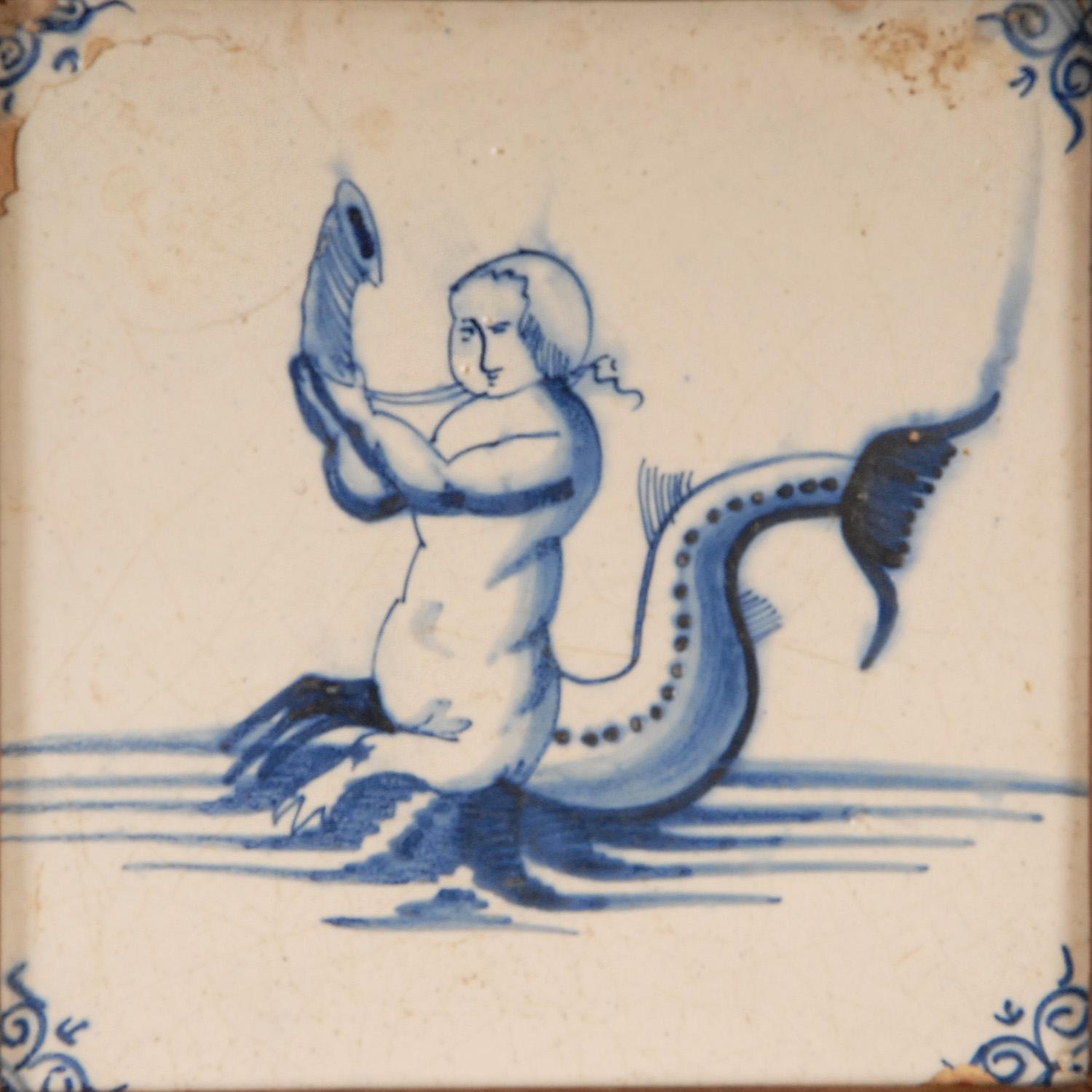 17th - 18th century Dutch Delft Tiles
Oak framed blue and white tiles.
Depicting mermaids and seacreatures
Design: In the manner of Royal Delft, AK Dutch Delftware
Style, Antique, Baroque, Louis XIV, 17th century / 18th century
Description: a set of