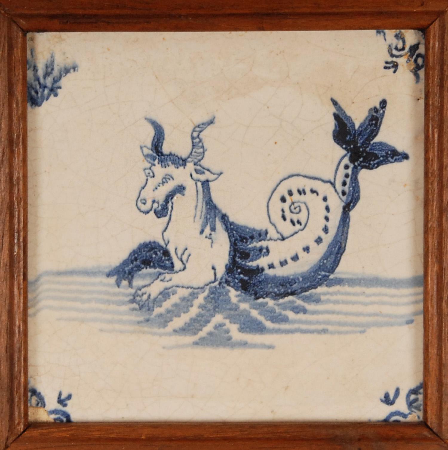 Hand-Crafted 18th Century Delft Tiles Oak Framed Blue and White Mermaid Dutch Delftware Tiles For Sale