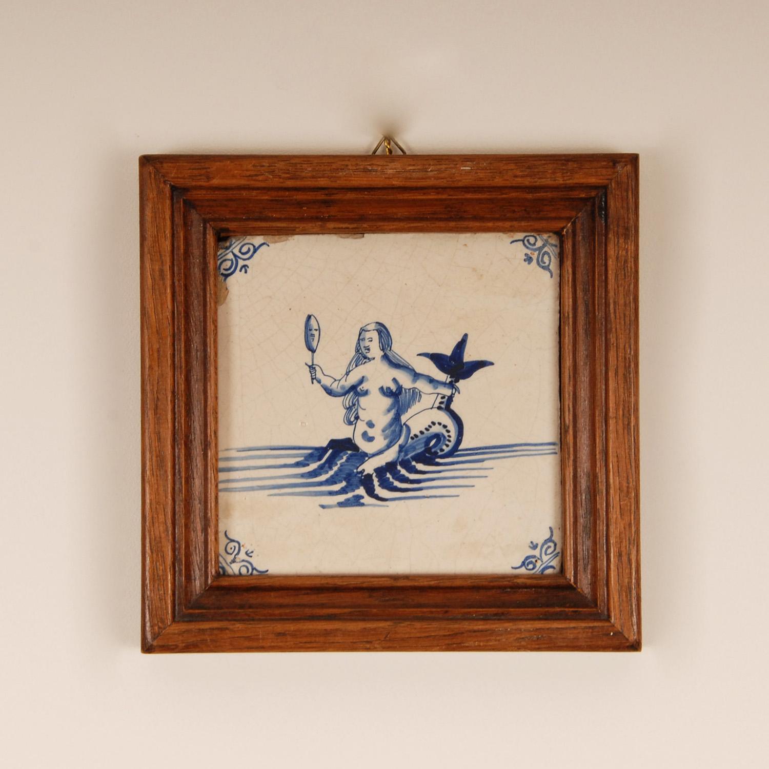 18th Century Delft Tiles Oak Framed Blue and White Mermaid Dutch Delftware Tiles In Good Condition For Sale In Wommelgem, VAN