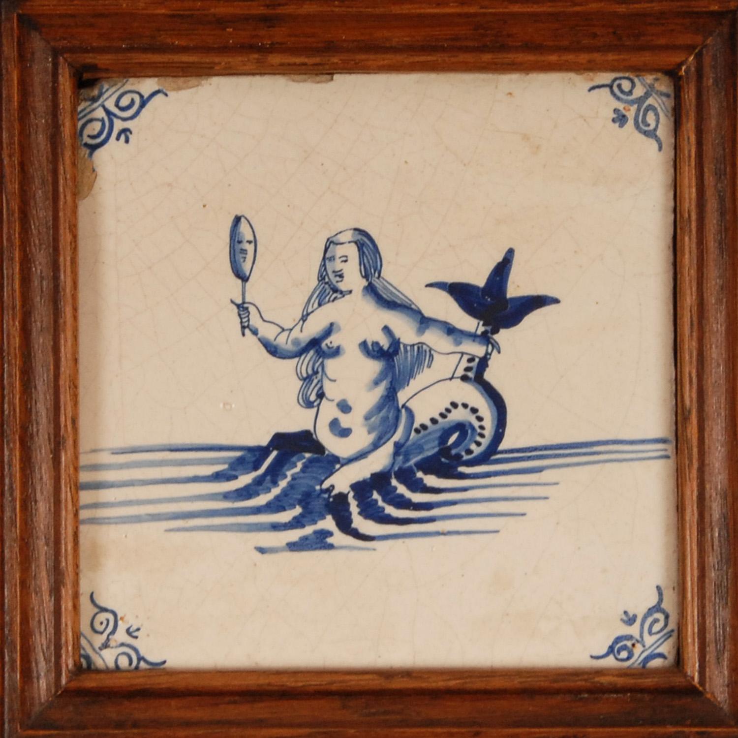 18th Century and Earlier 18th Century Delft Tiles Oak Framed Blue and White Mermaid Dutch Delftware Tiles For Sale