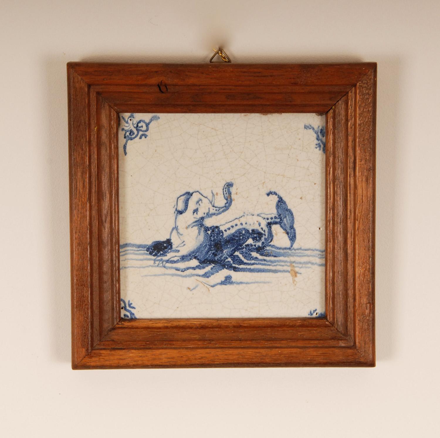 18th Century Delft Tiles Oak Framed Blue and White Mermaid Dutch Delftware Tiles For Sale 1