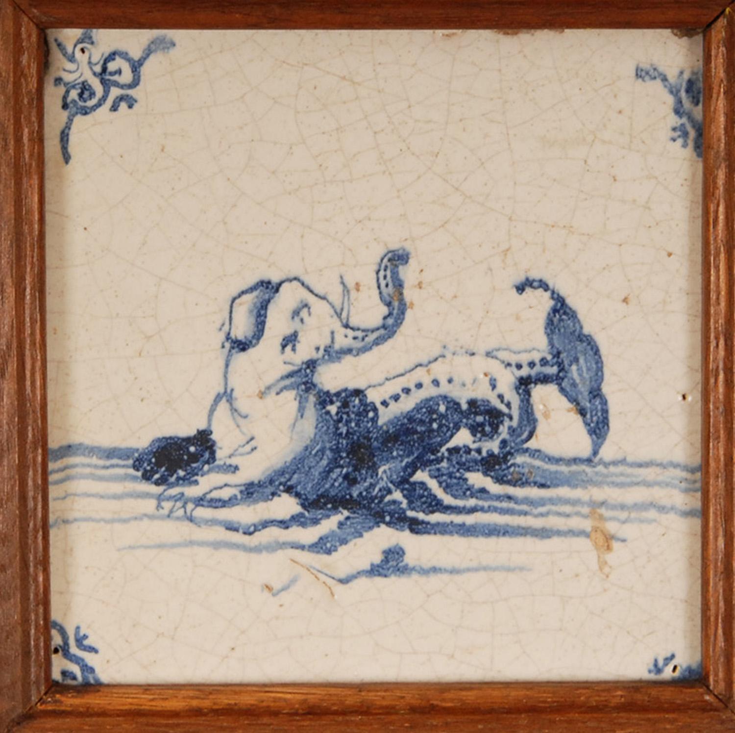 18th Century Delft Tiles Oak Framed Blue and White Mermaid Dutch Delftware Tiles For Sale 2