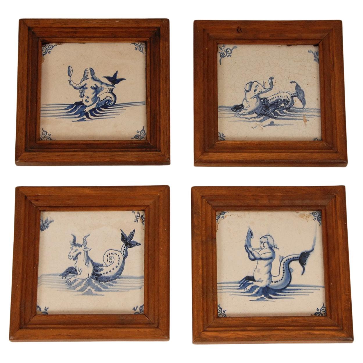 18th Century Delft Tiles Oak Framed Blue and White Mermaid Dutch Delftware Tiles For Sale