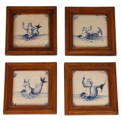 Retro 18th Century Delft Tiles Oak Framed Blue and White Mermaid Dutch Delftware Tiles