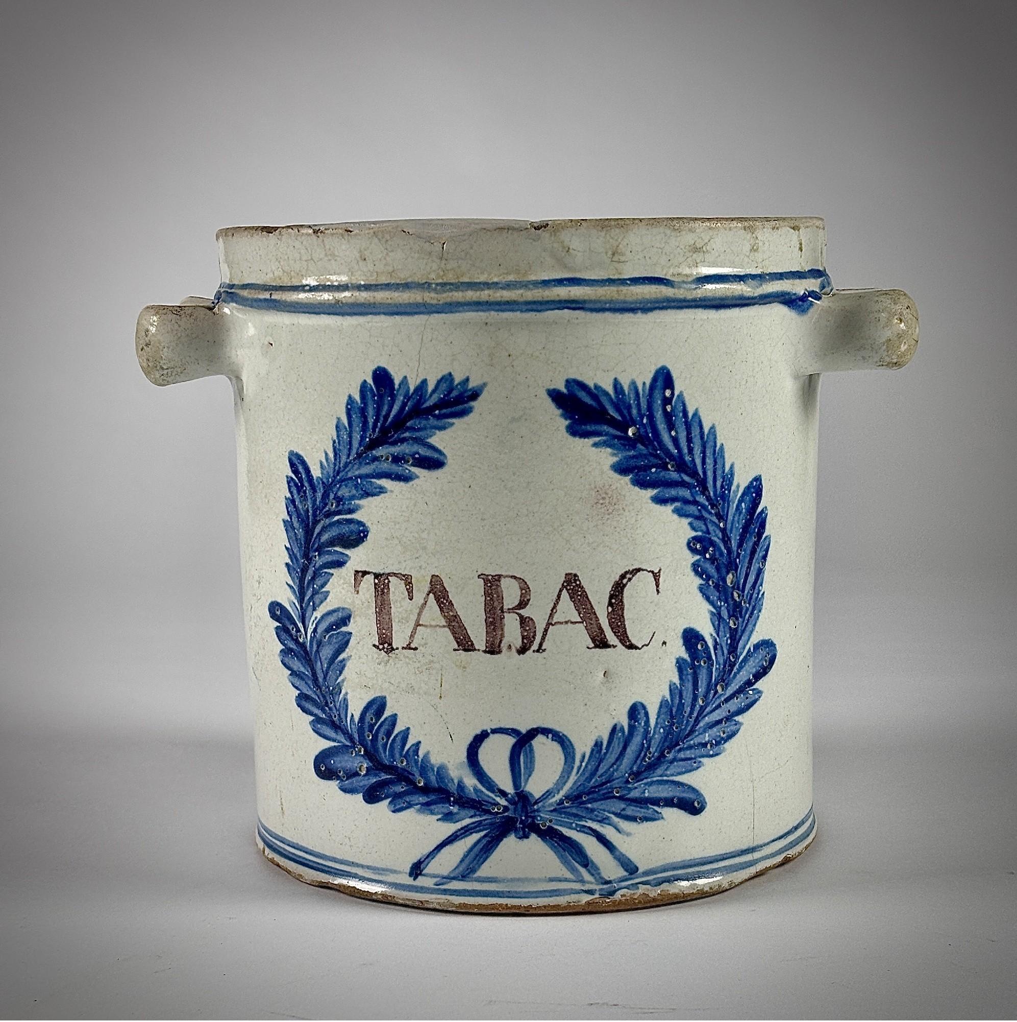 Late 18th Century Delft Tabac Jar. As expected signs of age, minor restoration on rim. Circa 1780.