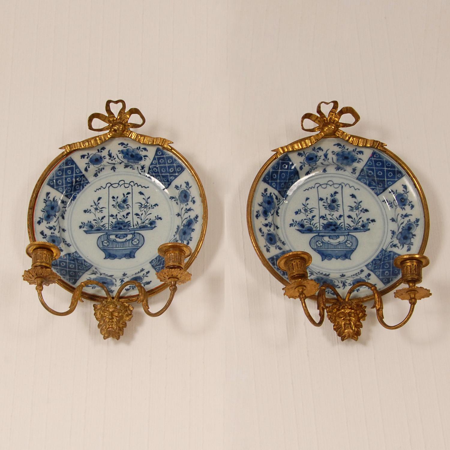 18th Century and Earlier 18th Century Delft Wall Sconces Candelabra Chinoiserie Kangxi Style a pair For Sale