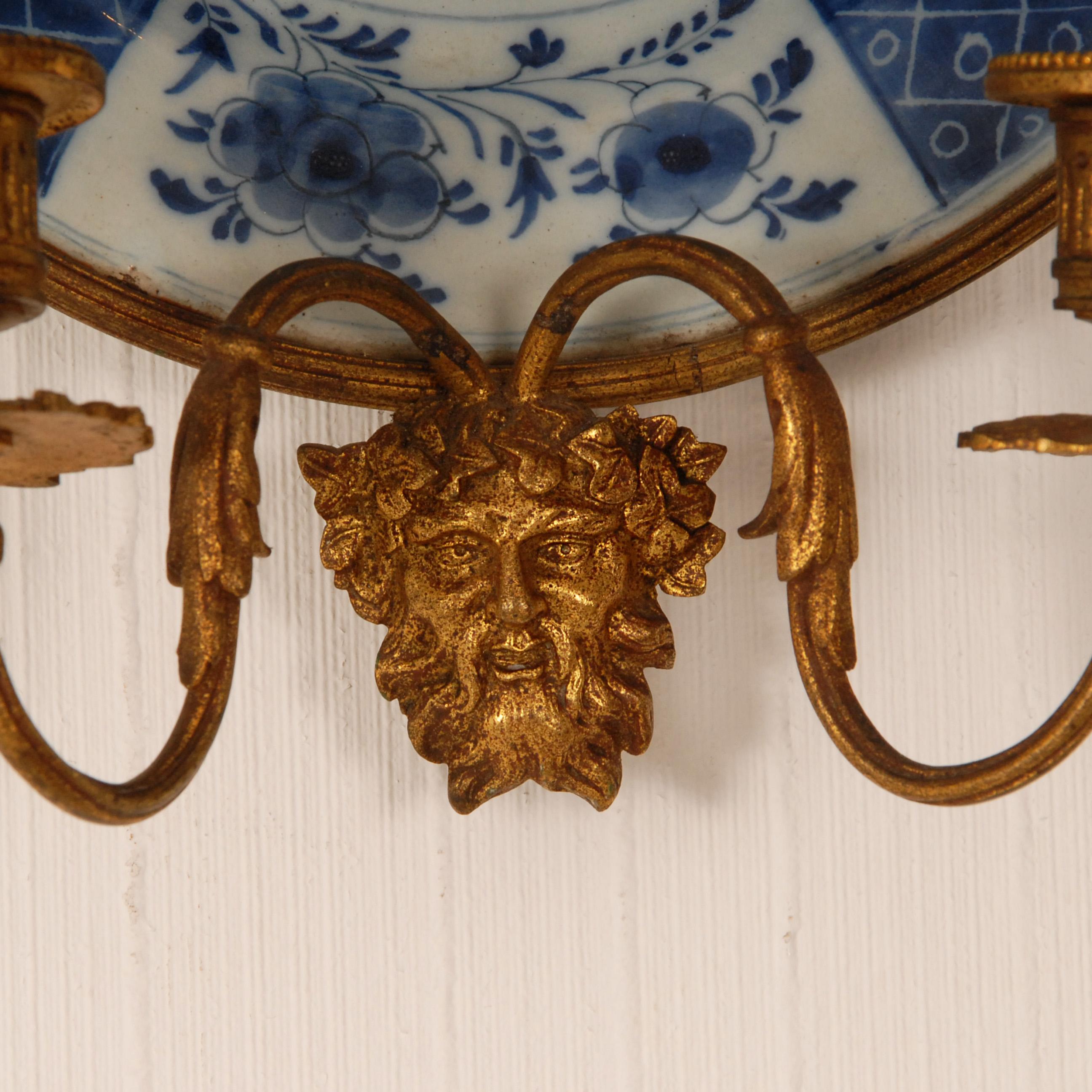Bronze 18th Century Delft Wall Sconces Candelabra Chinoiserie Kangxi Style a pair For Sale