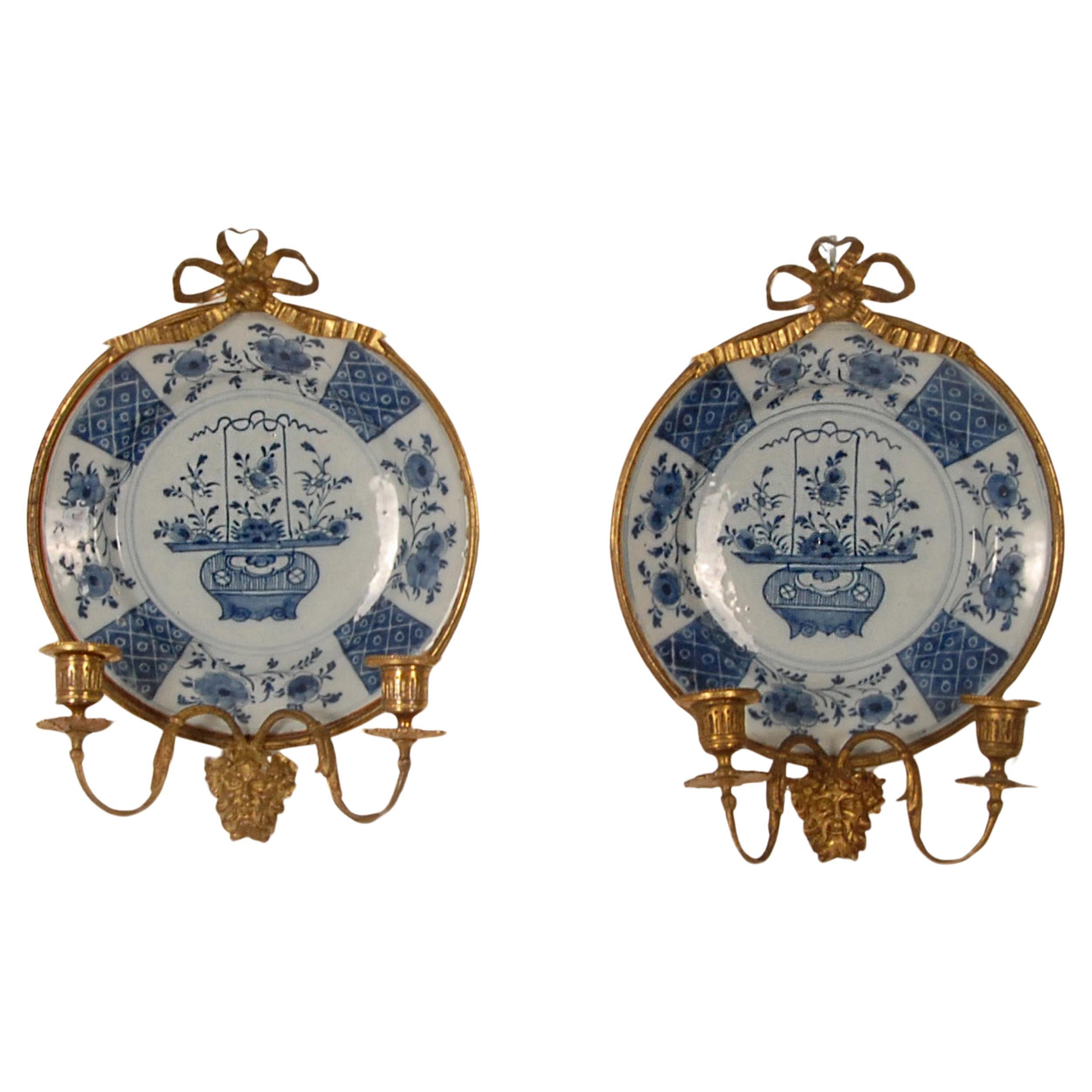 18th Century Delft Wall Sconces Candelabra Chinoiserie Kangxi Style a pair For Sale