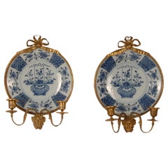 18th Century Delft Wall Sconces Candelabra Chinoiserie Kangxi Style a pair