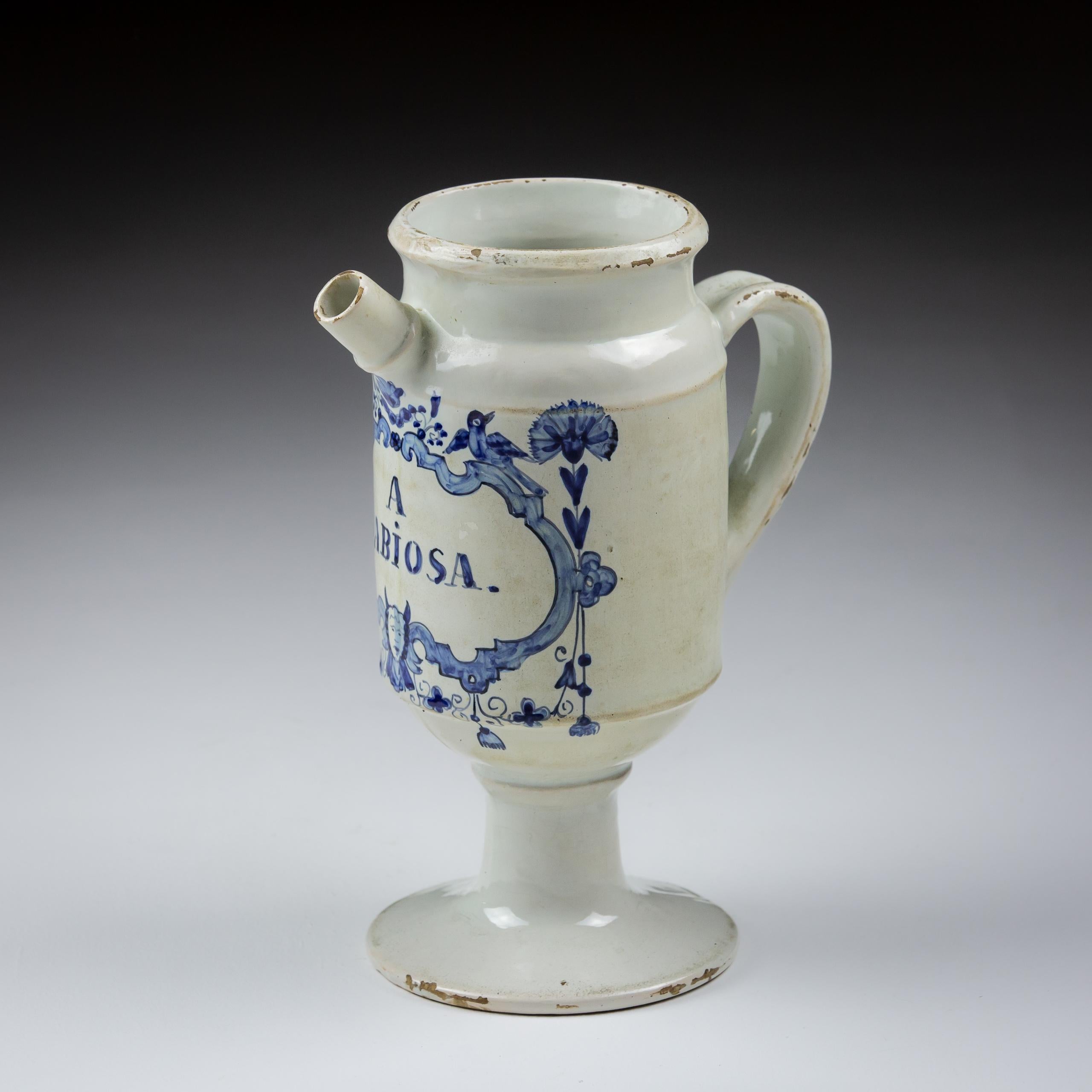 Ceramic 18th Century Delft Wet Drug Jar or Albarello for A Sabiosa For Sale