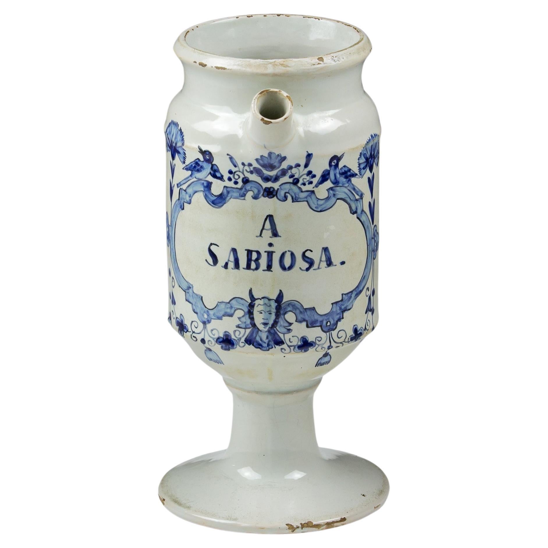 18th Century Delft Wet Drug Jar or Albarello for A Sabiosa