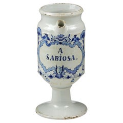 Antique 18th Century Delft Wet Drug Jar or Albarello for A Sabiosa
