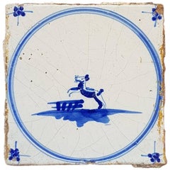 Antique 18th Century Delfts Blue Tile with a Jumping Animal
