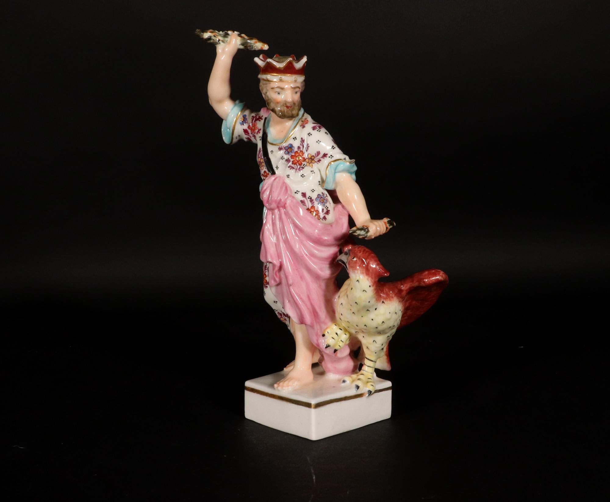 18th-century Derby Porcelain of Jupiter,
Circa 1775-80

The Derby porcelain figure depicts the mythical figure of Jupiter.  Jupiter stands on a square base with his right arm extended above his head holding a thunder bolt. while his left hand holds