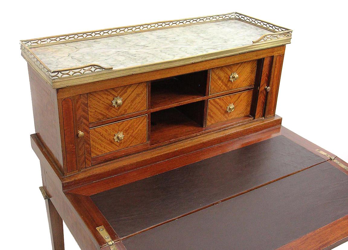 Louis XVI 18th Century Desk Secretary in Mahogany Marquetry of Cubes and White Marble For Sale