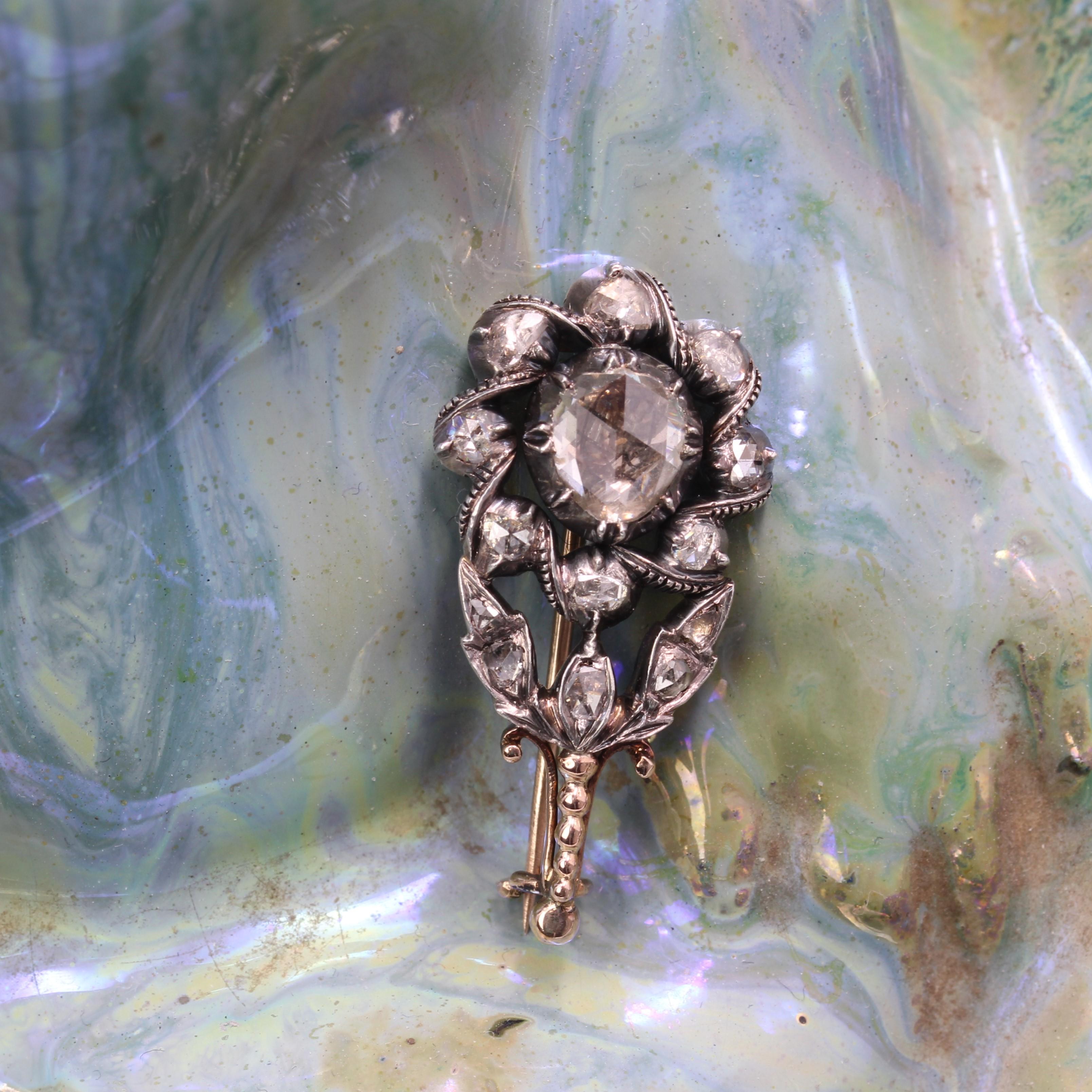 Napoleon III 18th Century Diamonds 18 Karat Rose Gold Silver Flower Brooch For Sale
