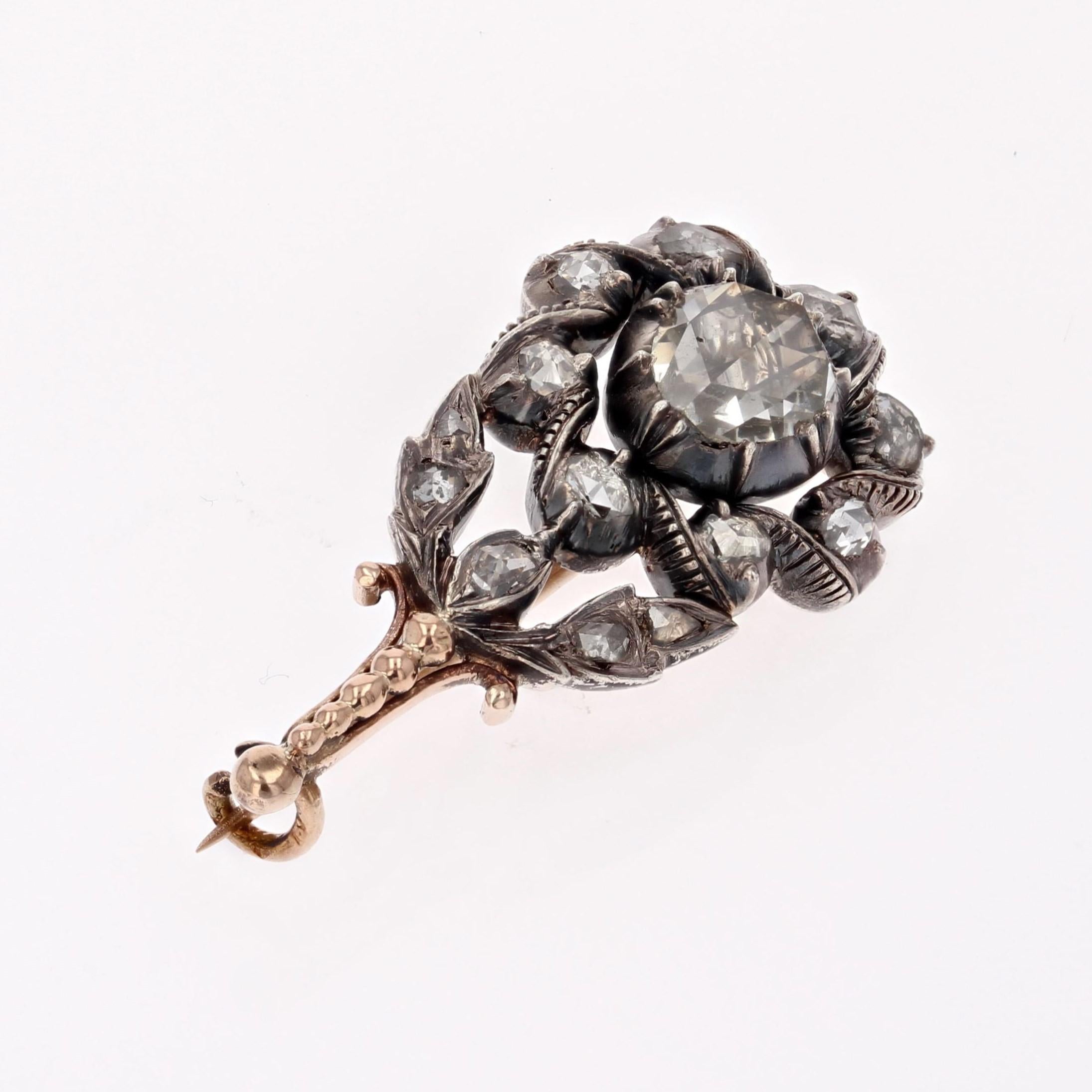 Rose Cut 18th Century Diamonds 18 Karat Rose Gold Silver Flower Brooch For Sale
