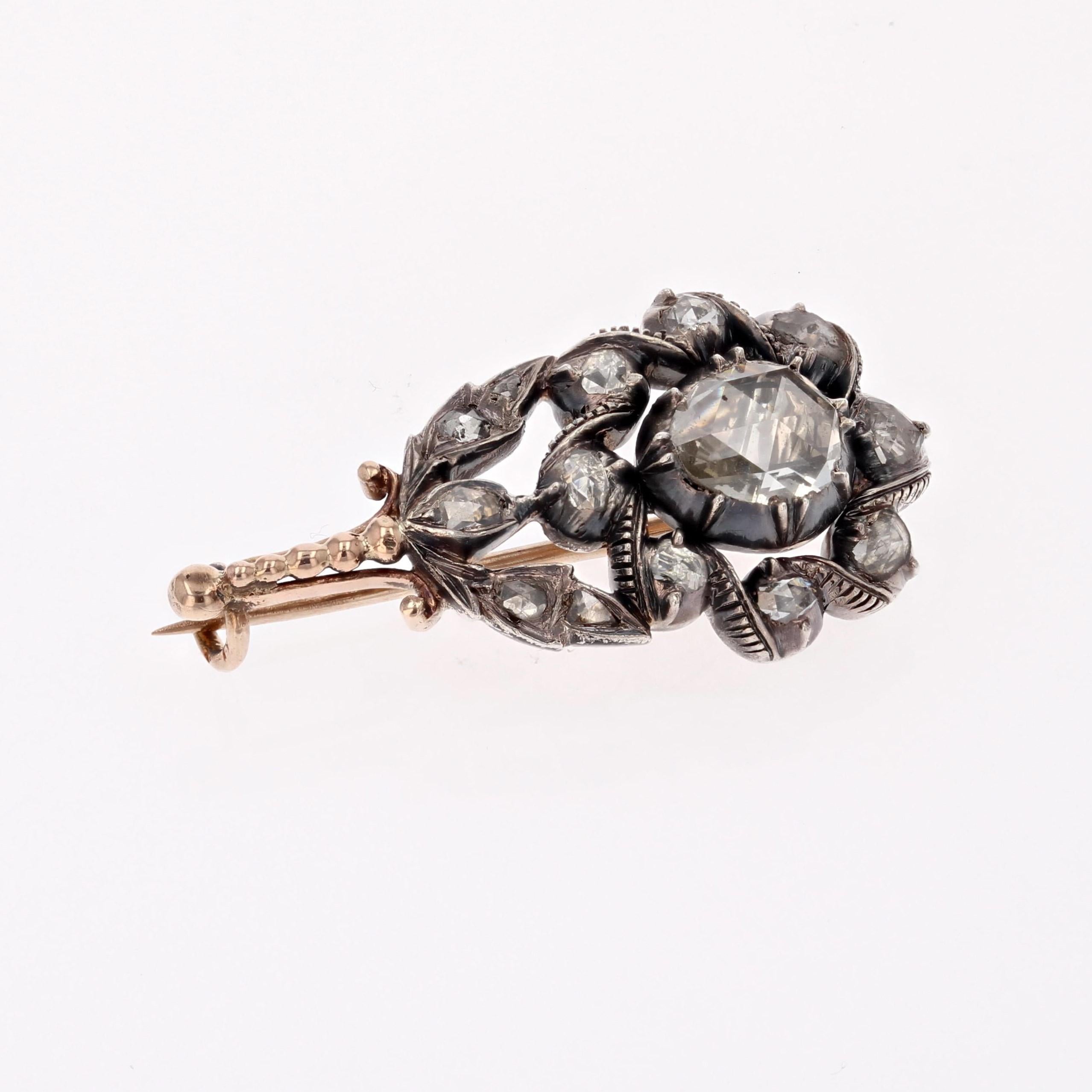 Women's 18th Century Diamonds 18 Karat Rose Gold Silver Flower Brooch For Sale
