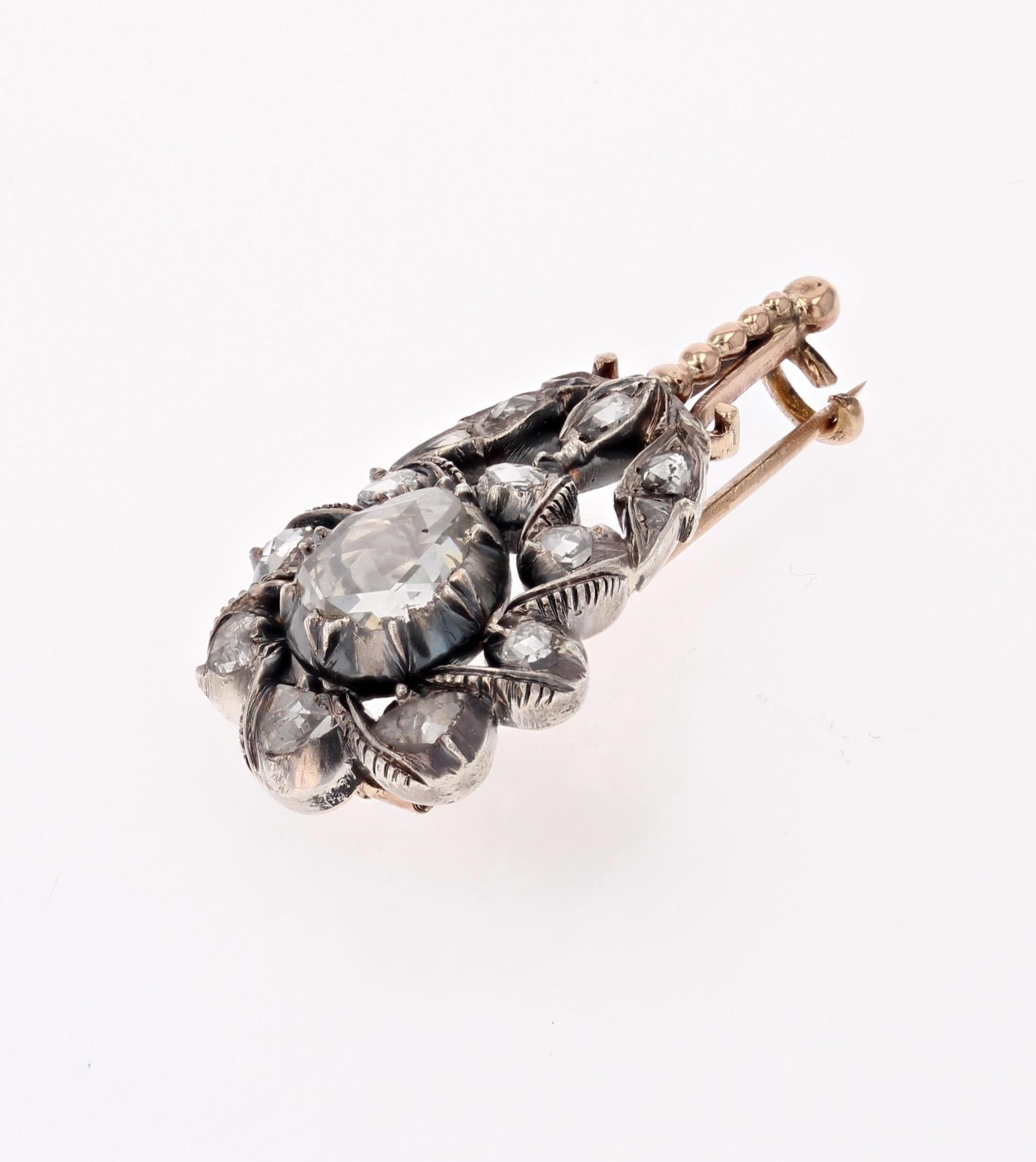 18th Century Diamonds 18 Karat Rose Gold Silver Flower Brooch For Sale 3