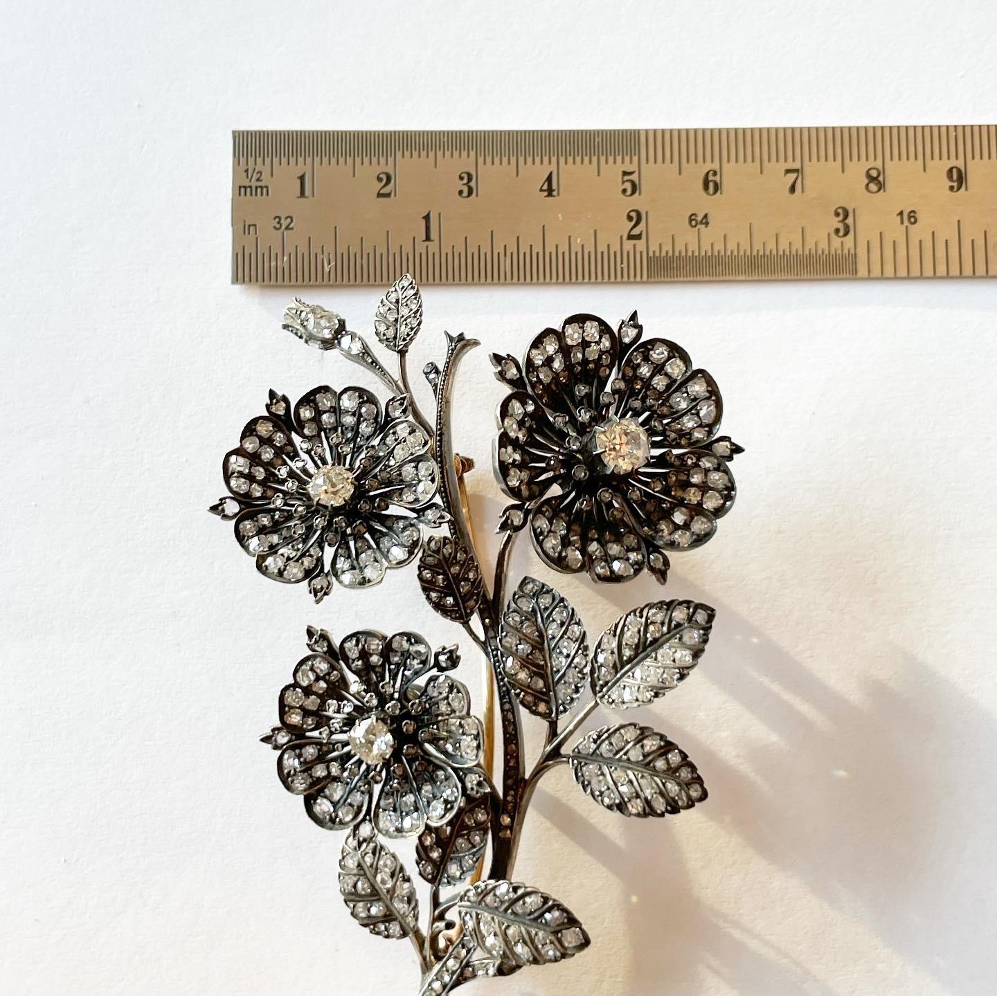 19th Century, Diamonds, 18k Yellow Gold, Silver Tremblant Spray Flowers Brooch 10