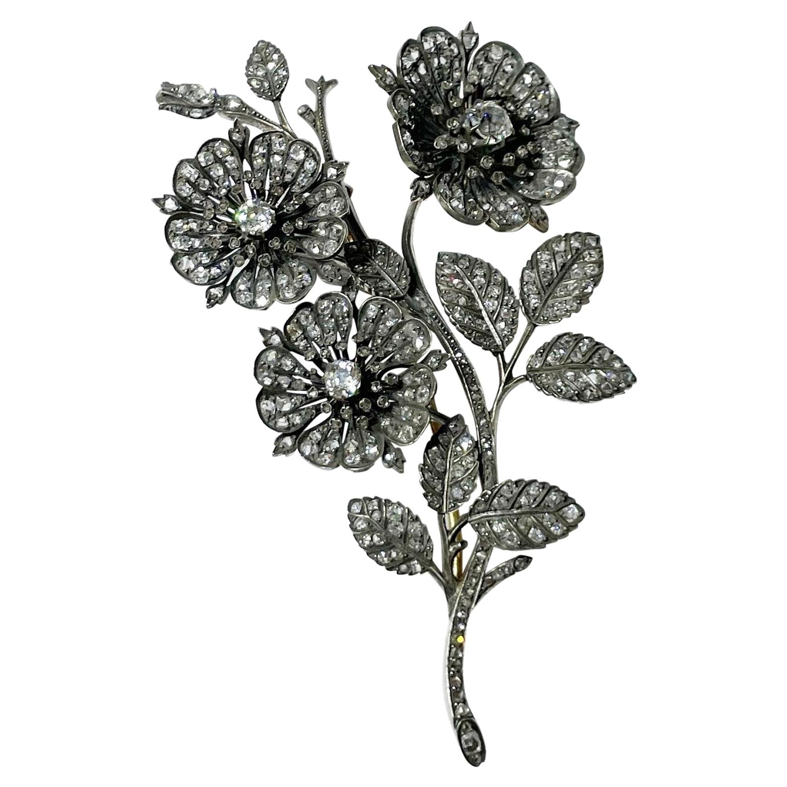 19th Century, Diamonds, 18k Yellow Gold, Silver Tremblant Spray Flowers Brooch
