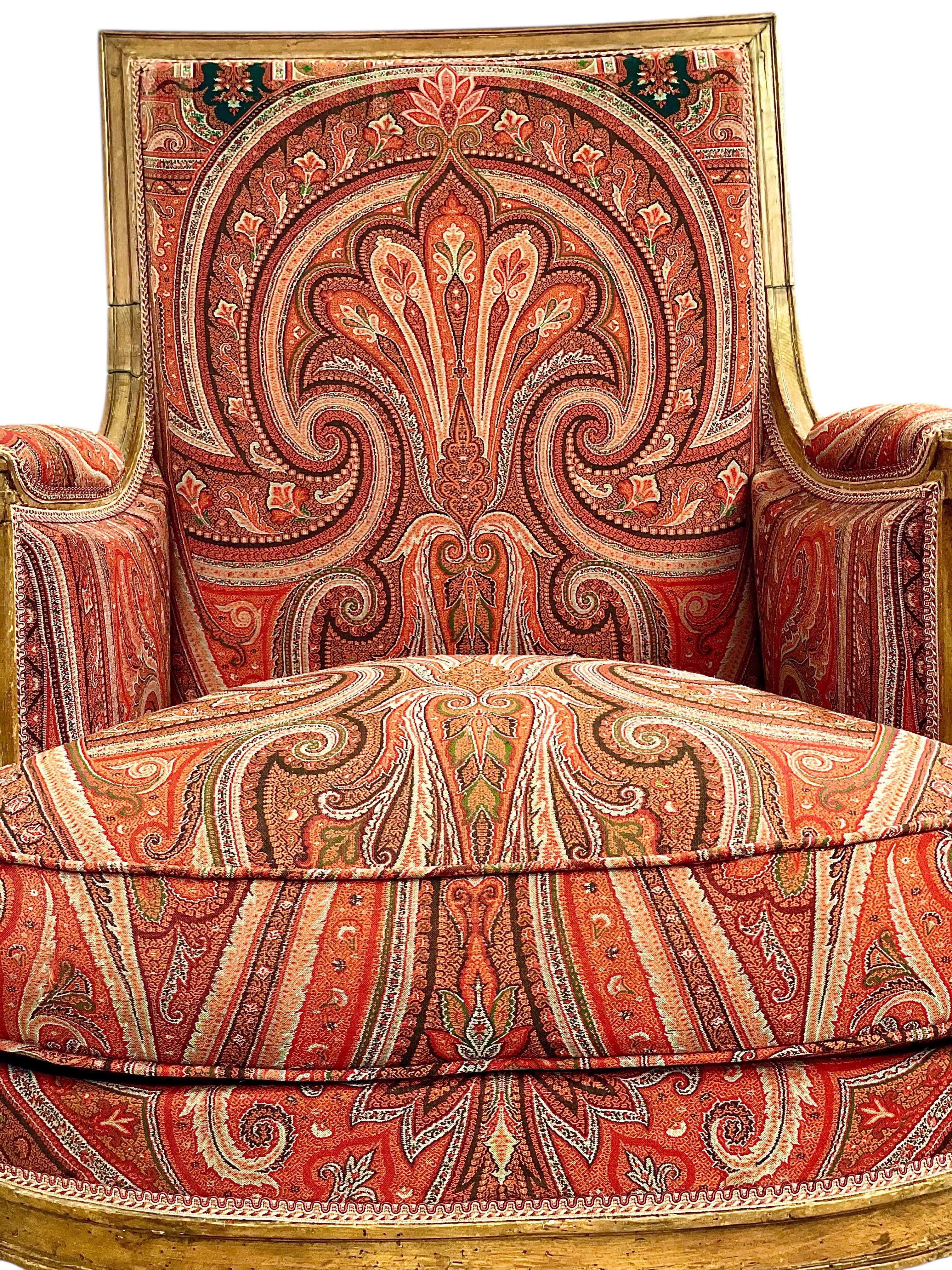Silla Bergère Directoire del siglo XVIII con tapicería de Paisley en venta 7