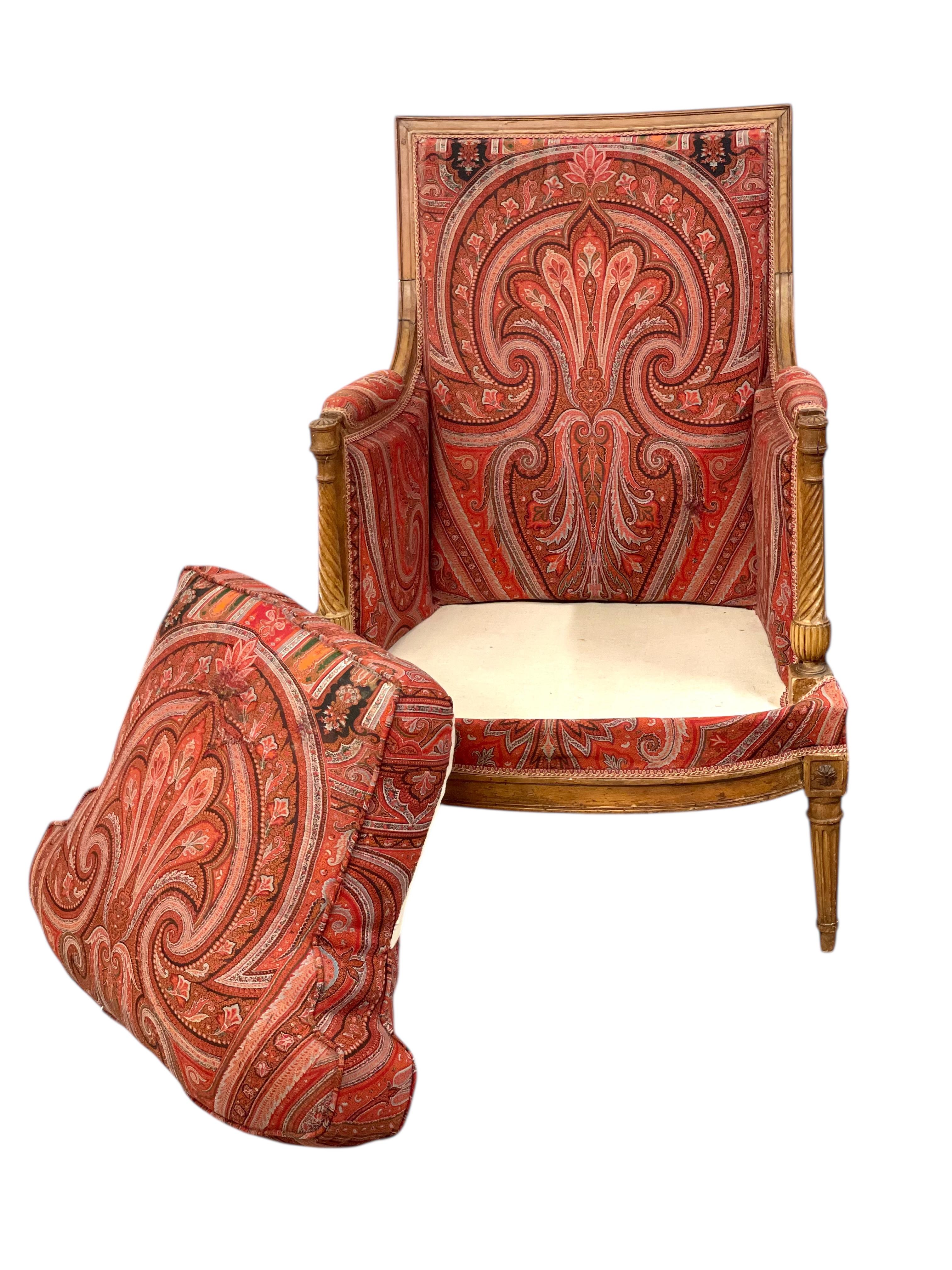 Silla Bergère Directoire del siglo XVIII con tapicería de Paisley en venta 10