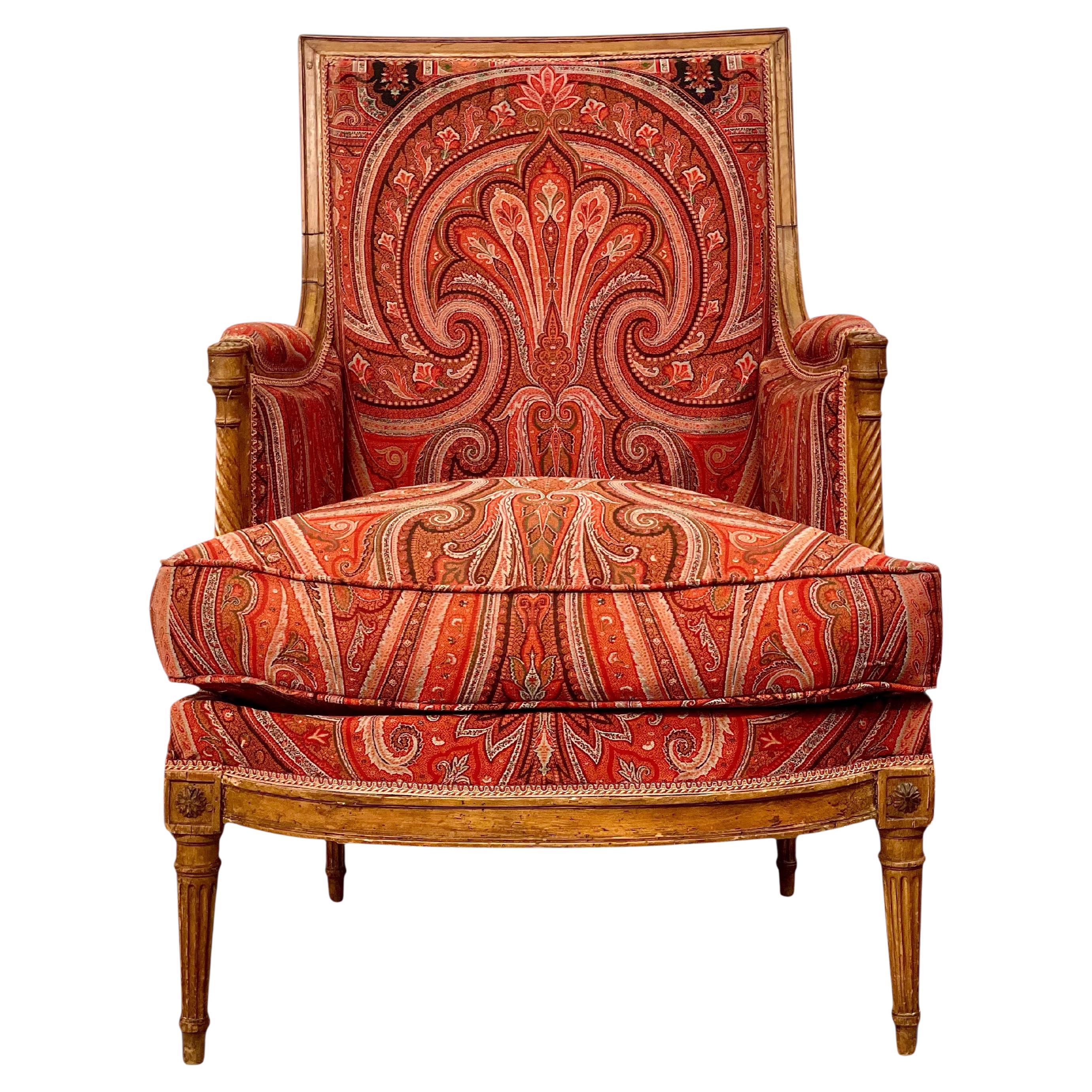 18th Century Directoire Bergère Chair with Paisley Upholstery
