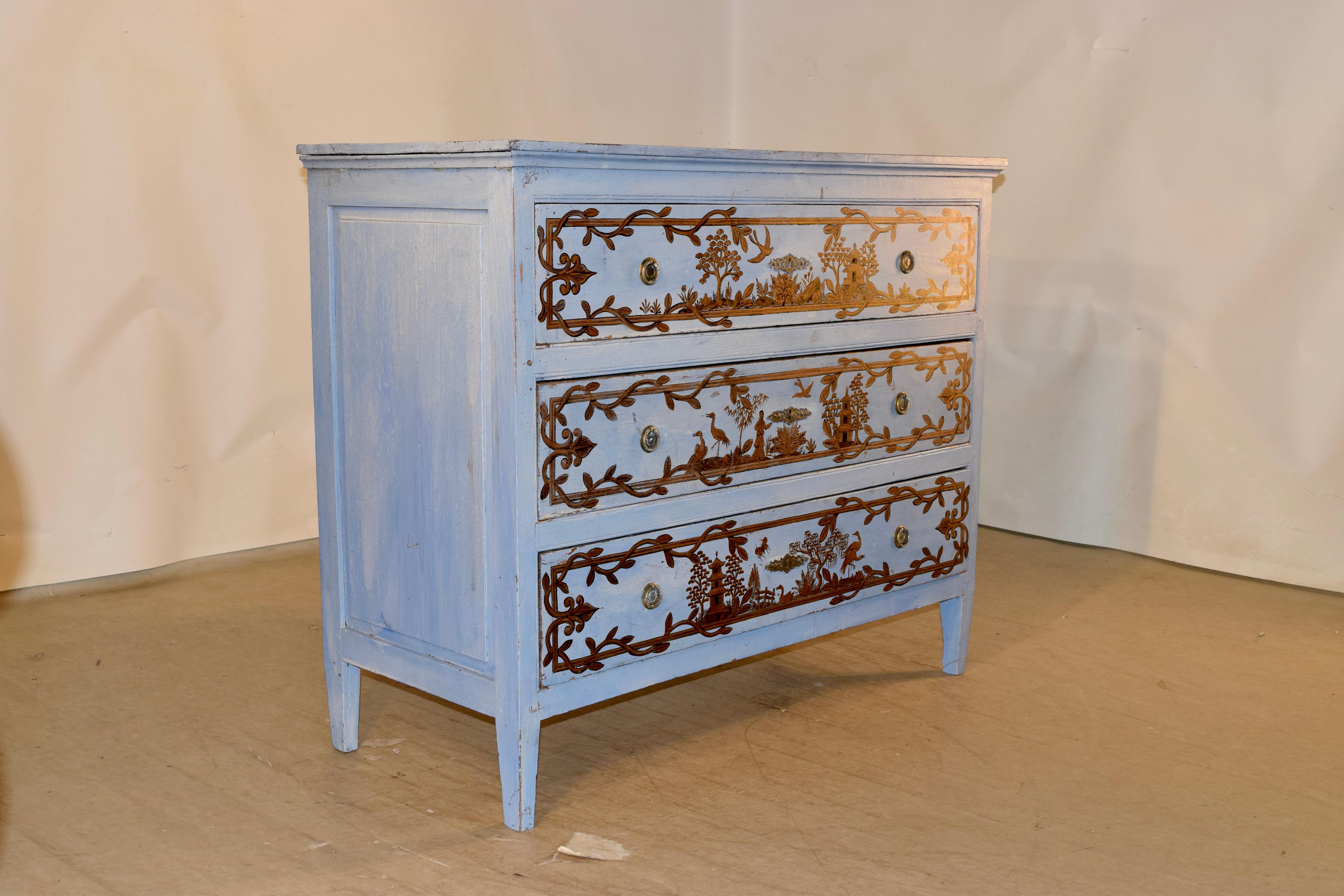 18th century French oak chest from the Directoire period. The chest has been painted later with wonderful chinoiserie decoration.