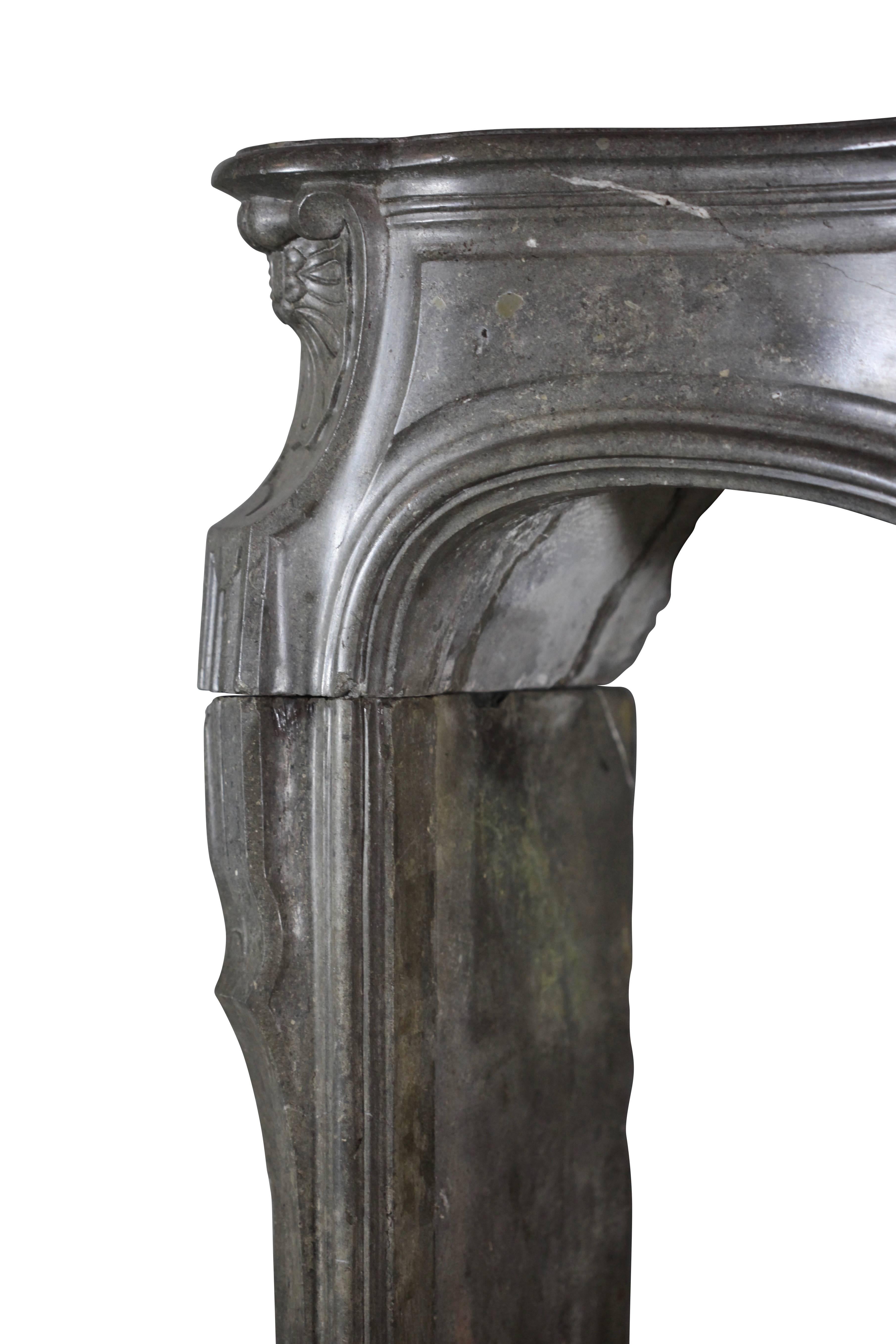 Il s'agit d'une phénoménale cheminée en pierre dure bicolore de la région de Bourgogne. La richesse et la royauté de la sculpture sont stupéfiantes. C'est une pièce digne d'un musée de la période du Directoire. La dureté de la pierre reflète la