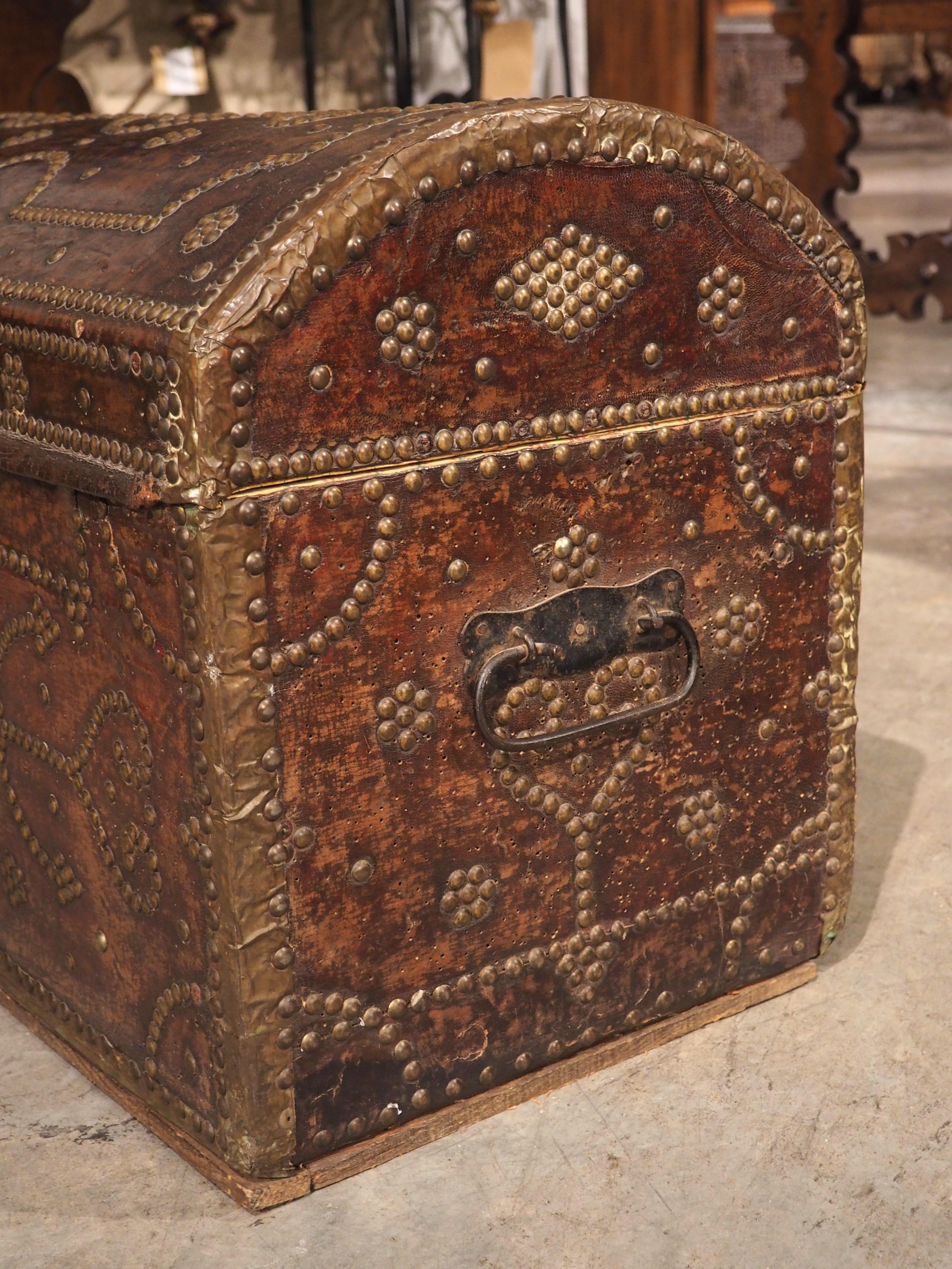 Metal 18th Century Domed and Studded Leather, Brass, and Wood Trunk from France For Sale