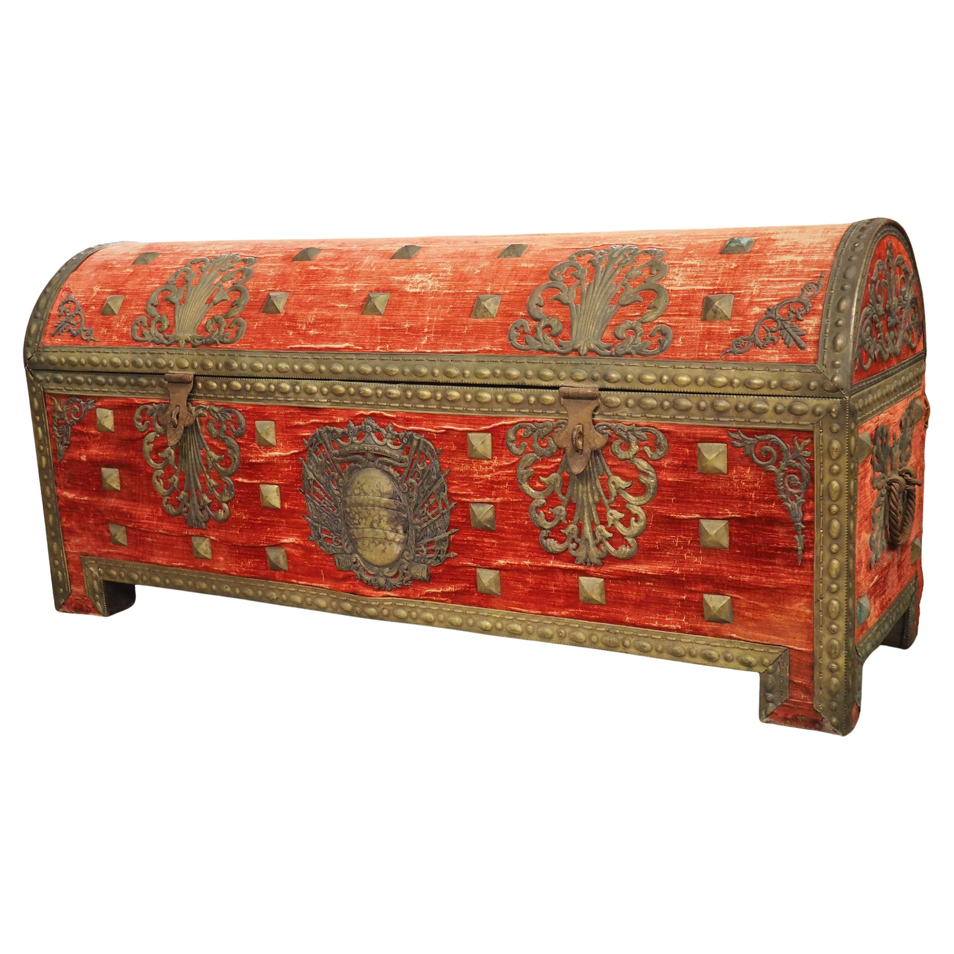 18th Century Domed Venetian Chest with Crimson Velvet and Wrought Iron Hardware