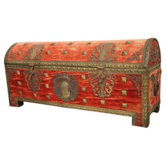 Antique 18th Century Domed Venetian Chest with Crimson Velvet and Wrought Iron Hardware