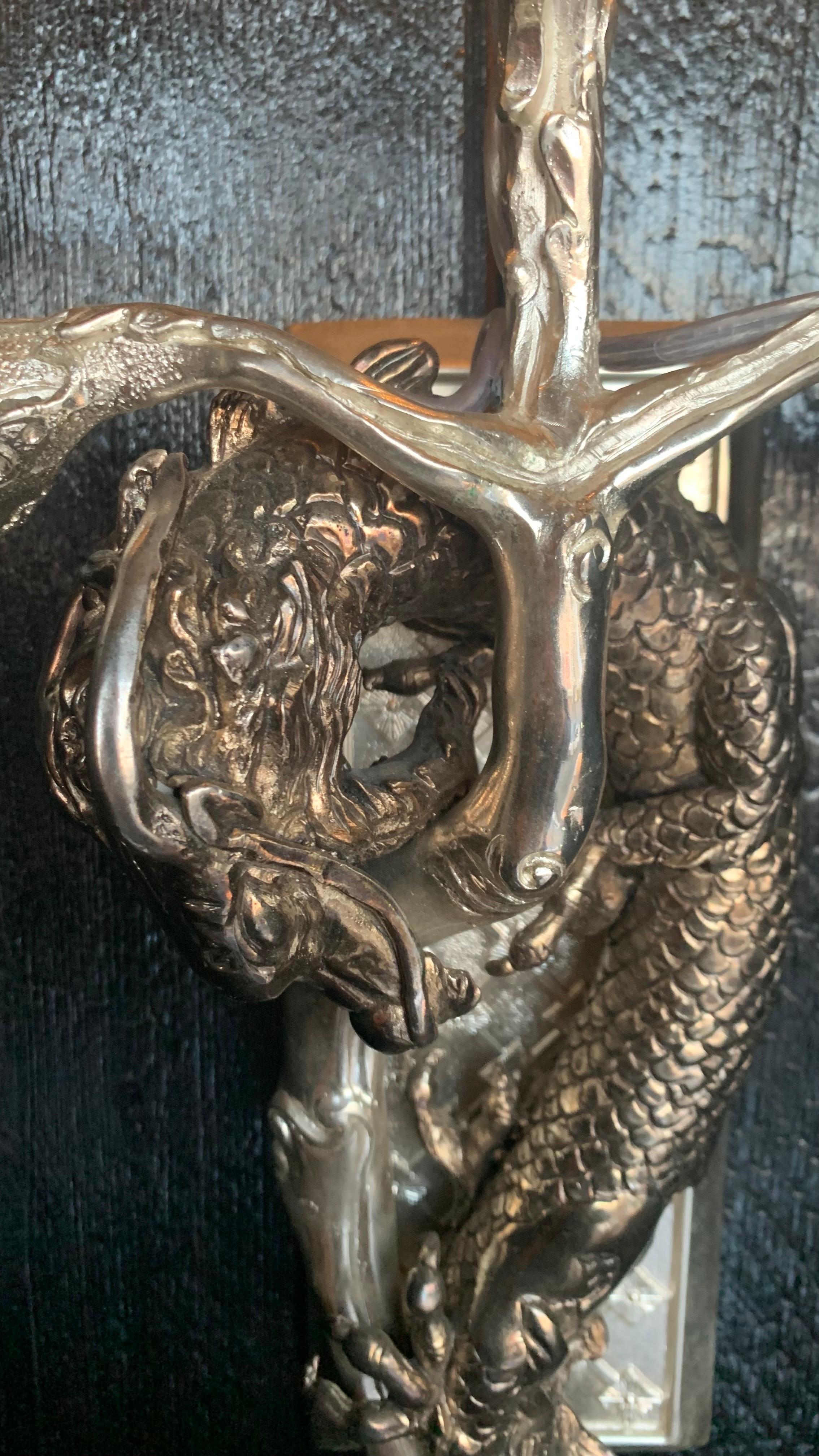 18th Century Dragon Wall Lamp with 3 Lights in Silver Bronze For Sale 1