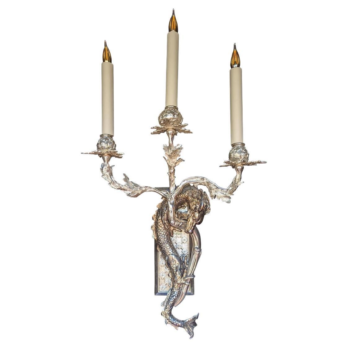 Drachen-Wandleuchte aus Silberbronze mit 3 Lichtern aus dem 18. Jahrhundert