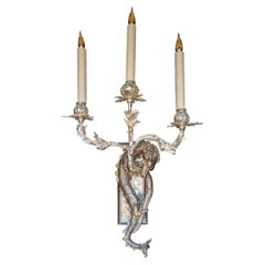 Antique 18th Century Dragon Wall Lamp with 3 Lights in Silver Bronze