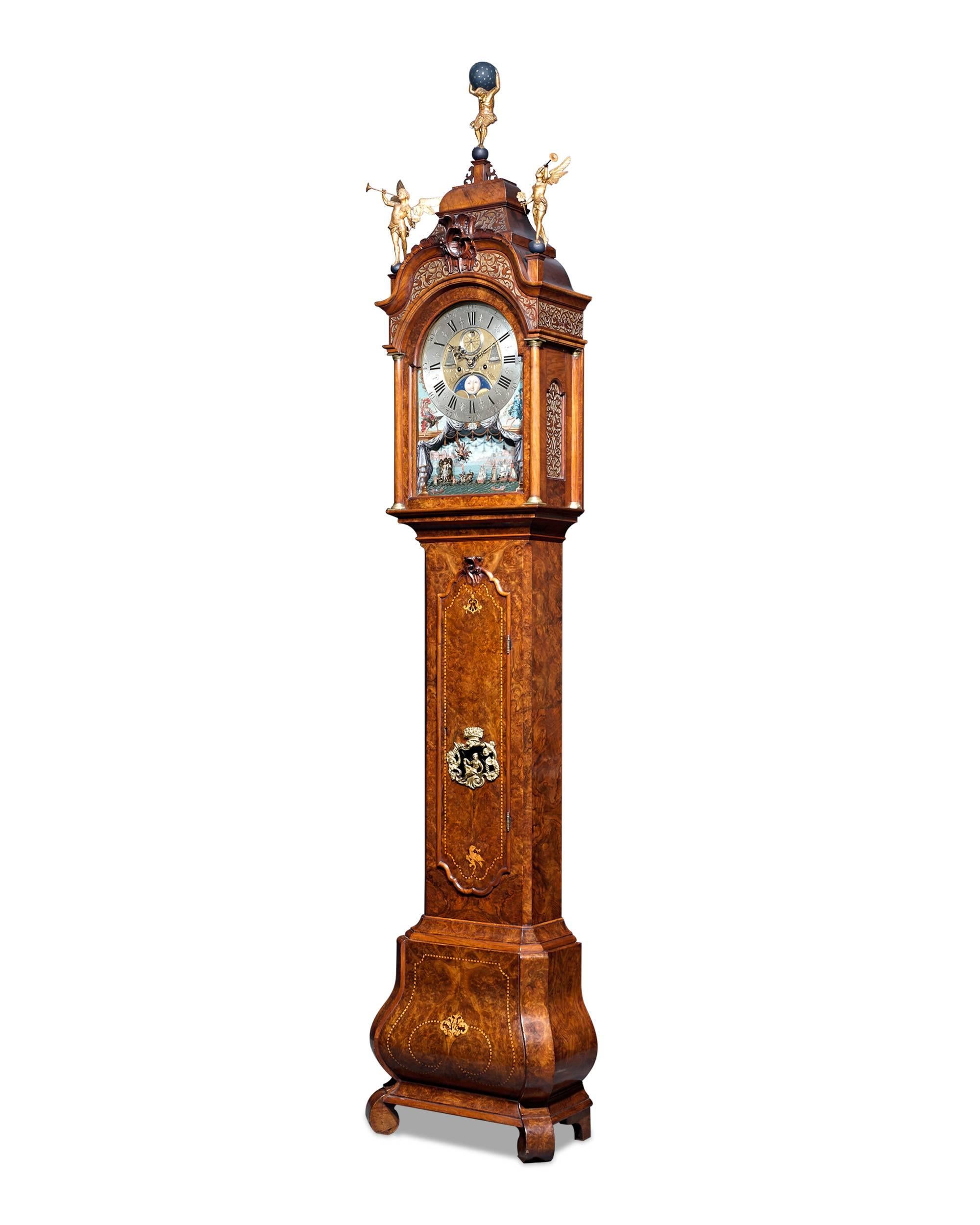 An exceptional example of 18th century Dutch clockmaking, this marvellous longcase clock was crafted by Jan Henkels of Amsterdam (c.1722-1778), one of the most respected of the great Dutch clockmakers. The late Baroque-style case is exemplary of
