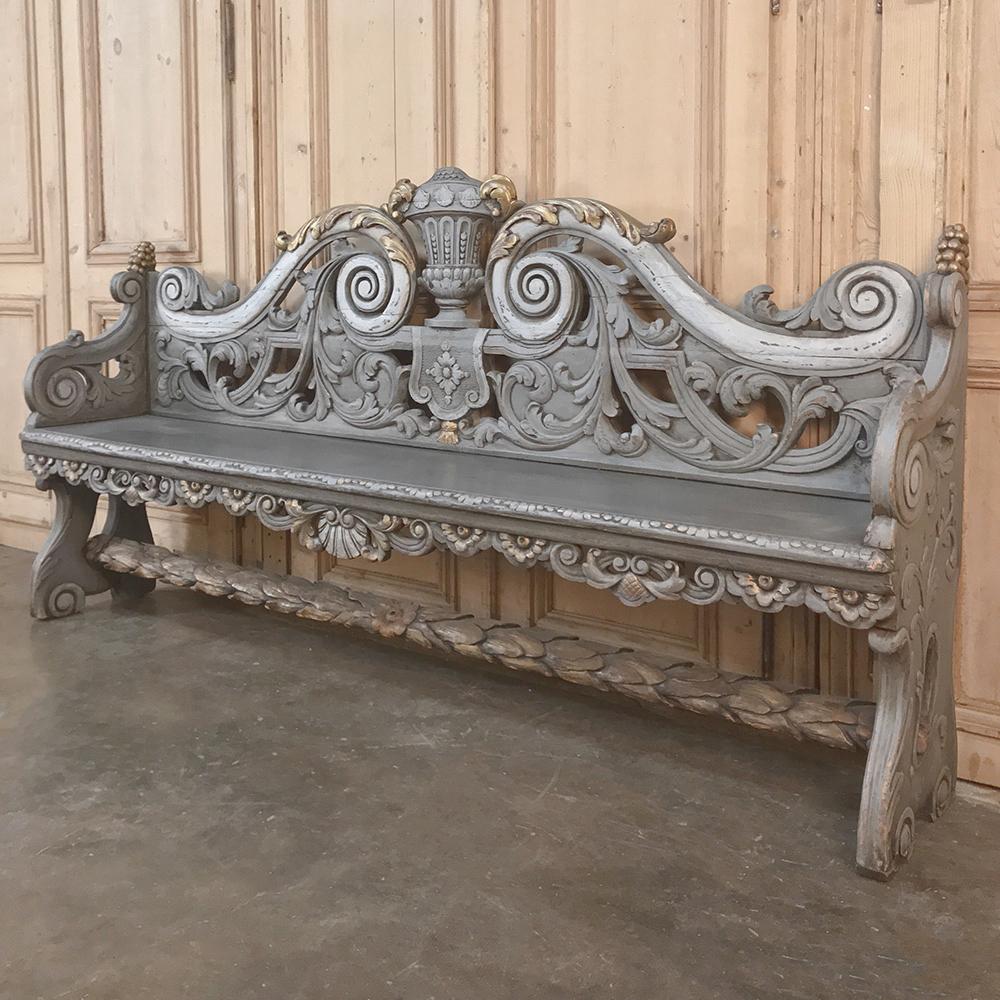 18th Century Dutch Baroque Hand Carved Oak Painted Hall Bench In Good Condition In Dallas, TX
