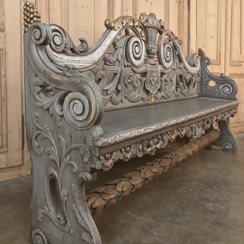 Mid-18th Century 18th Century Dutch Baroque Hand Carved Oak Painted Hall Bench
