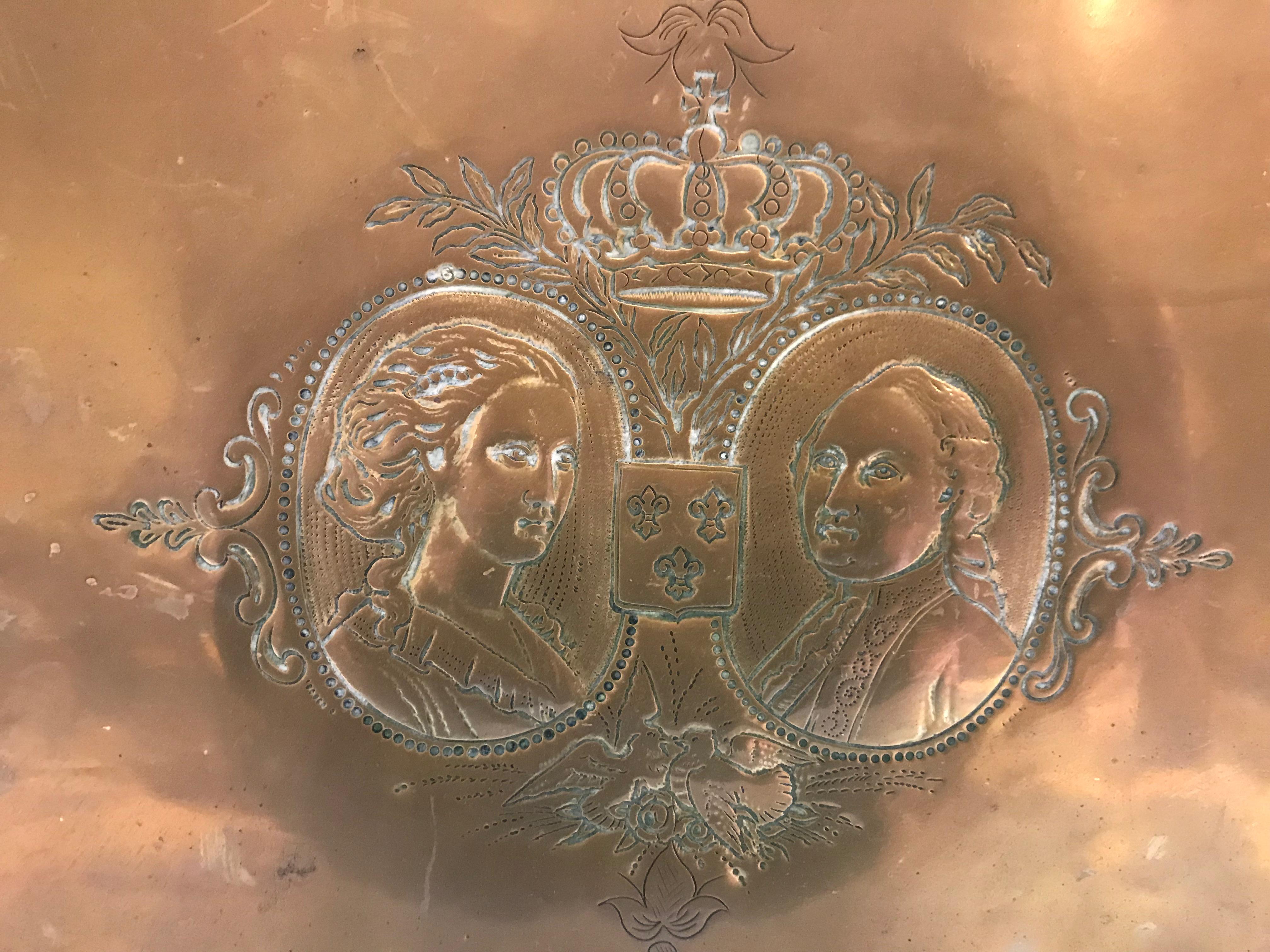 18th century hand chased (or Repoussé) brass tray commemorating the marriage of King George II’s(England) eldest daughter Princess Anne to William IV, Prince of Orange,(Netherlands) in 1734.
The wedding was highly celebrated and inspired the