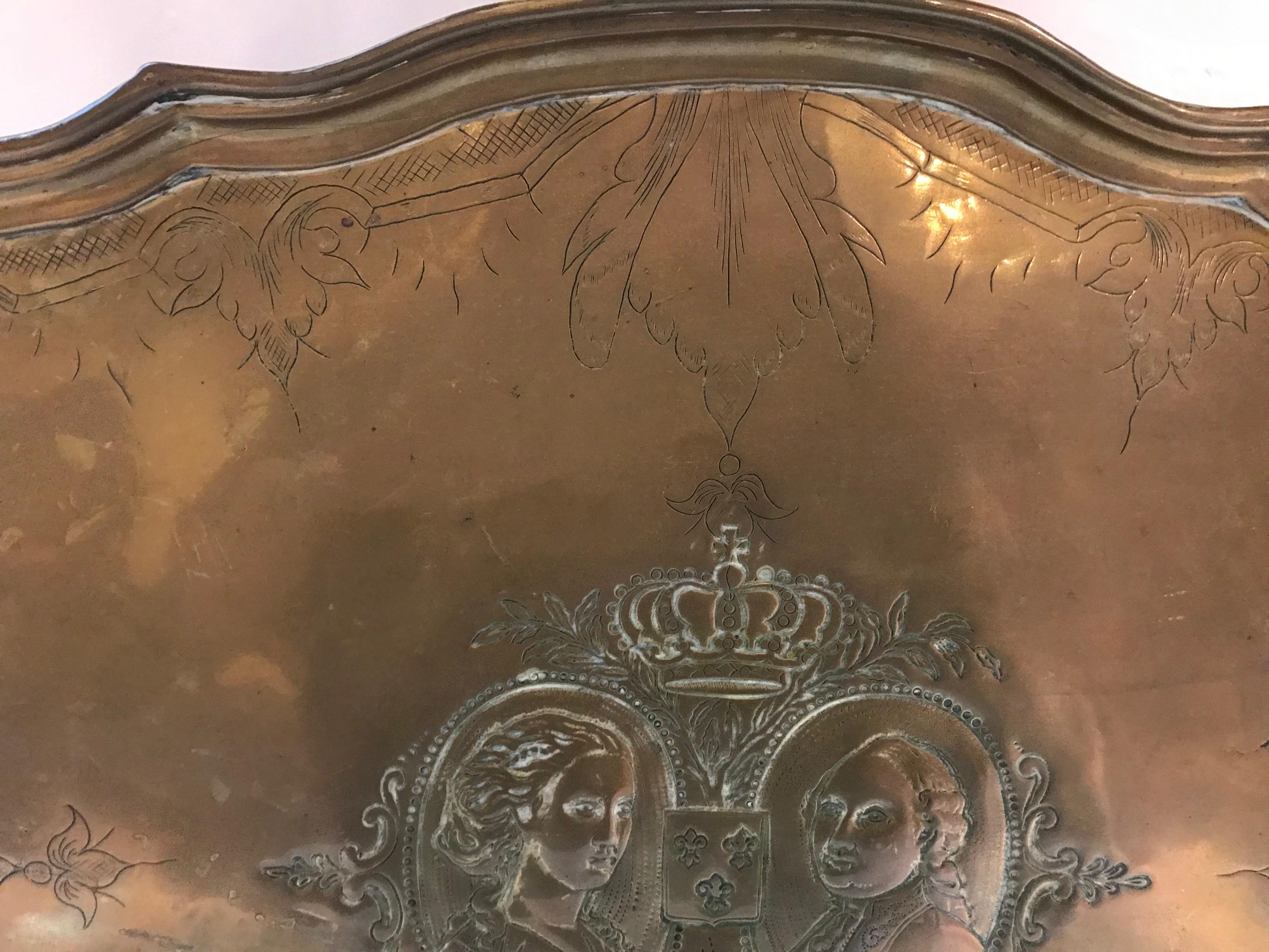 Georgian 18th century Dutch Brass Repoussé  Commemorative Wedding Tray  For Sale