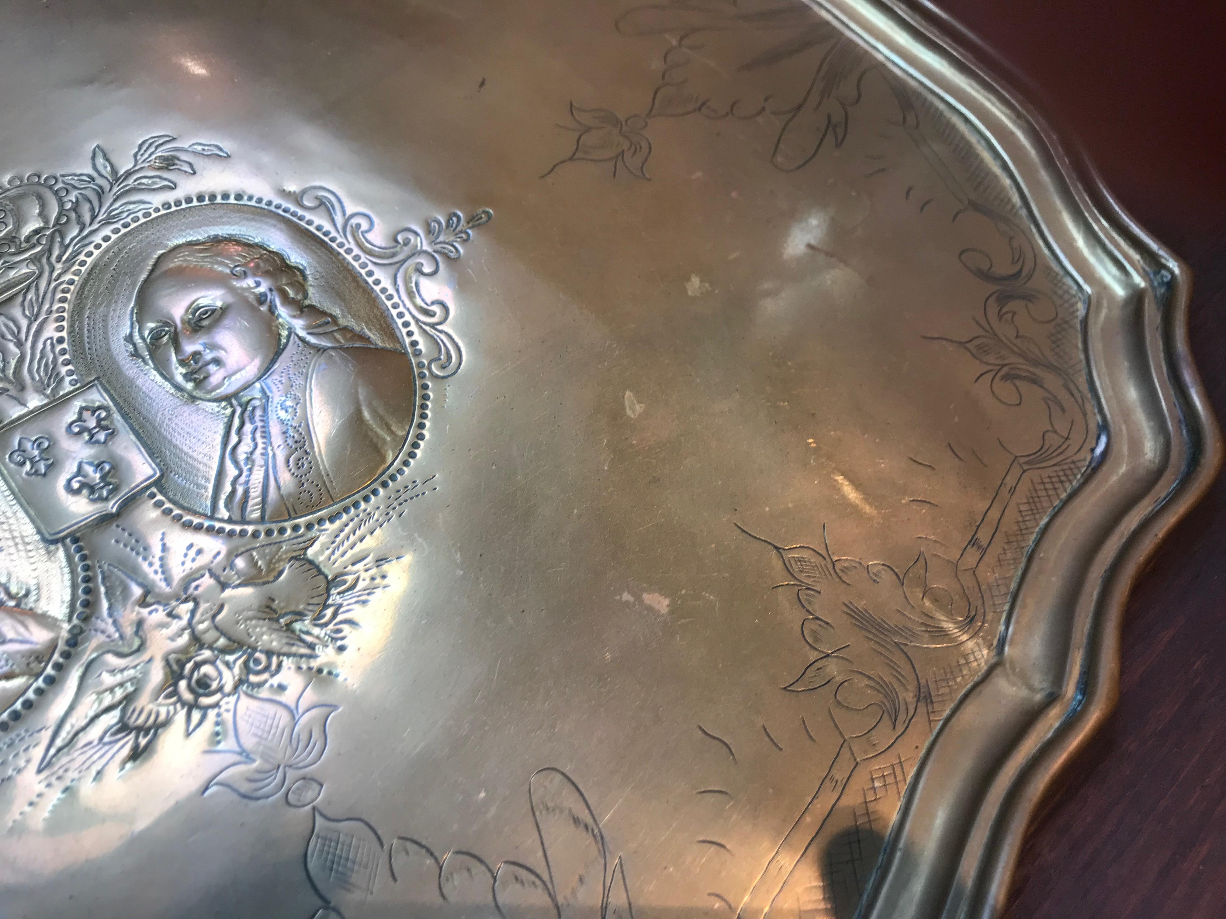 18th Century and Earlier 18th century Dutch Brass Repoussé  Commemorative Wedding Tray  For Sale